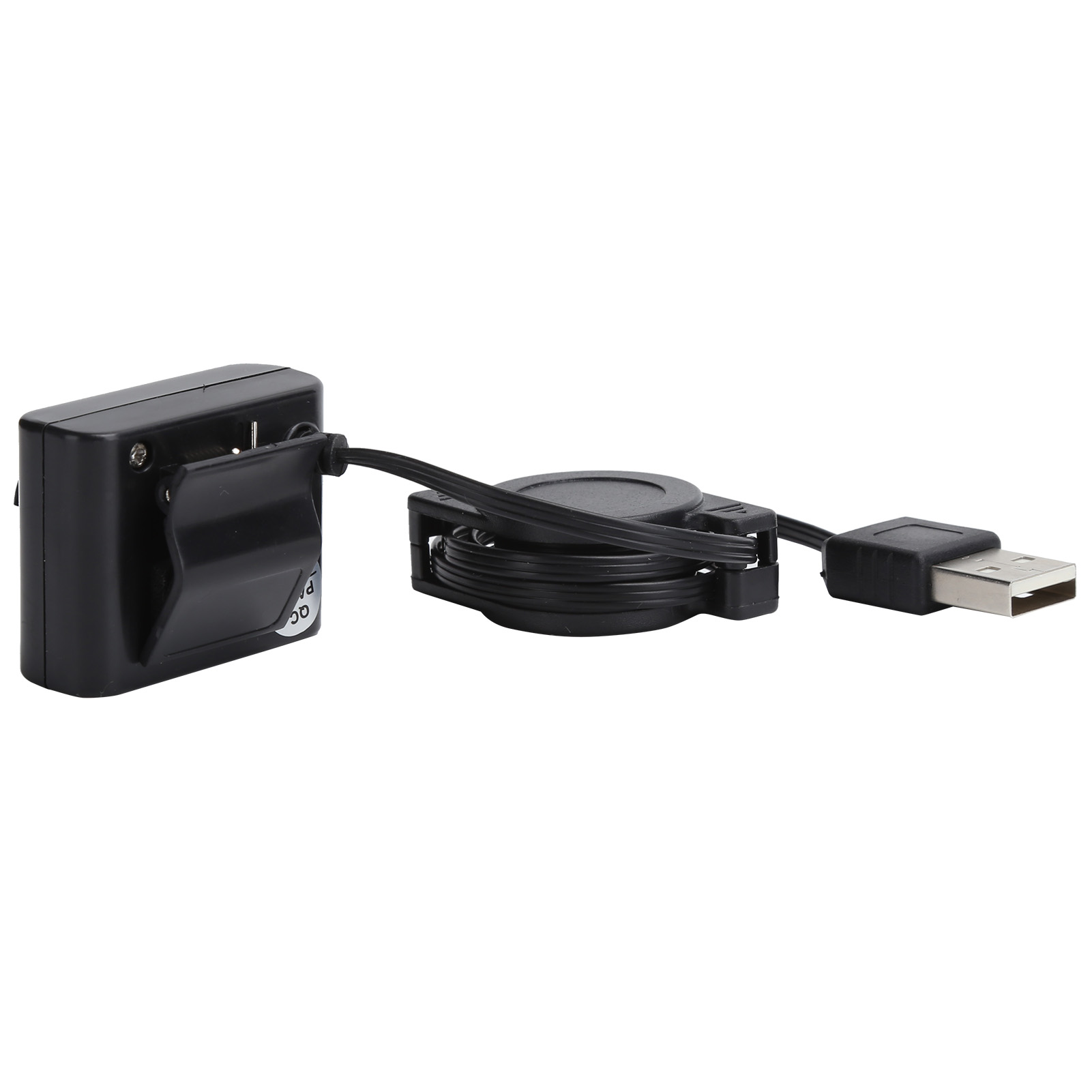 Schwarzes einziehbares USB-Kabel mit USB-A-Anschluss und schwarzem Netzteil.