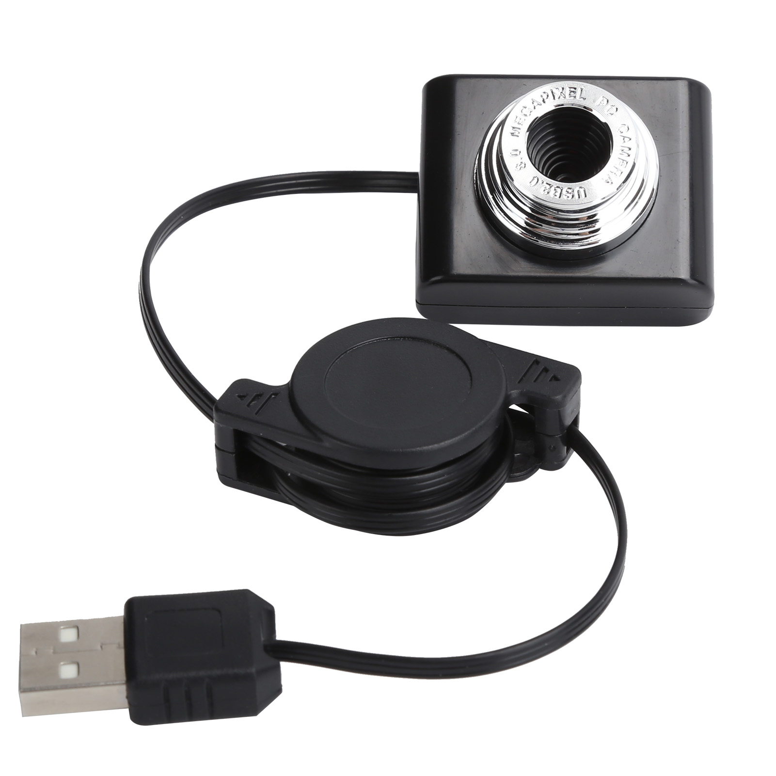 Schwarze Webcam mit Silberscheibe und einziehbarem USB-Kabel auf Weiß.