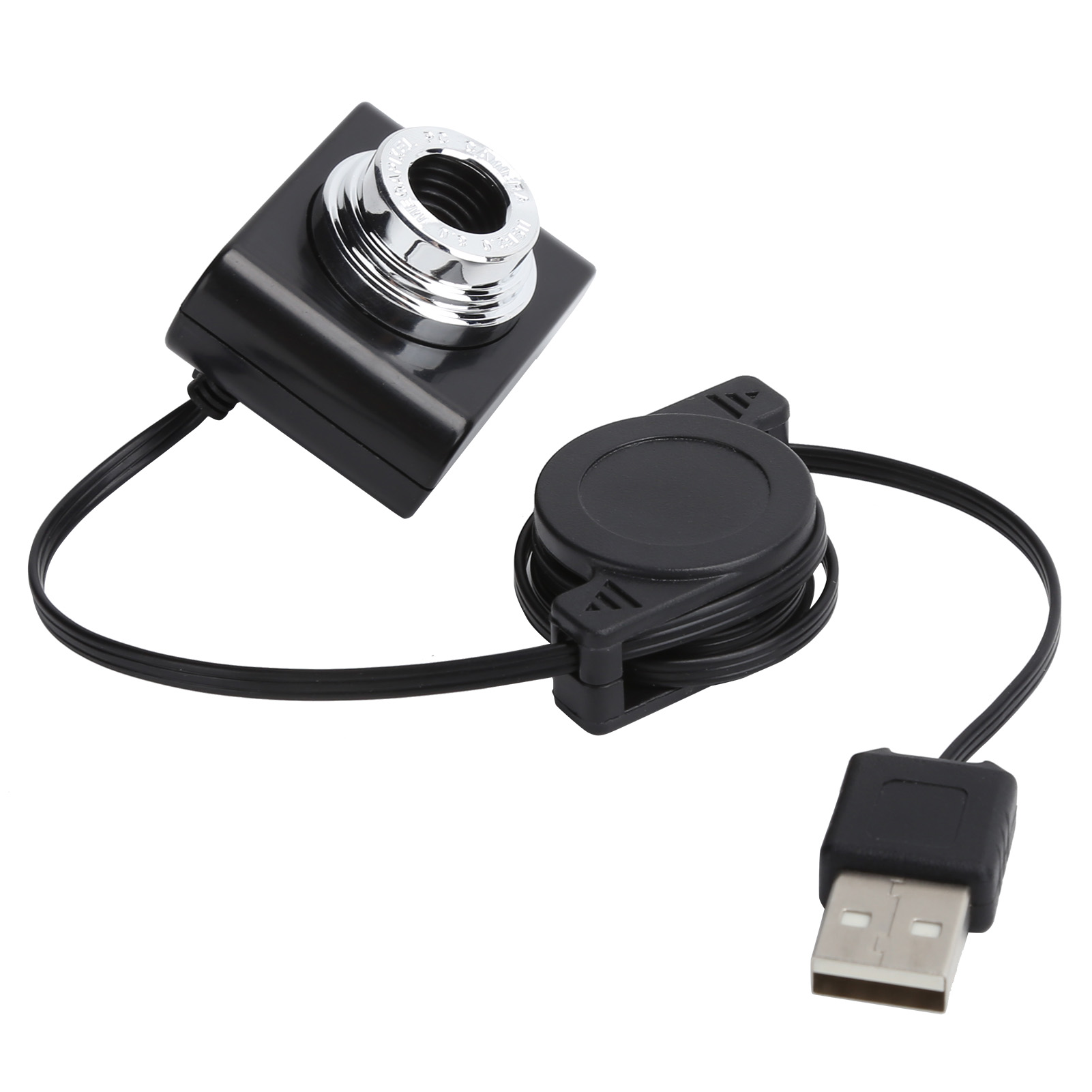 Schwarze Webcam mit USB-Kabel und einziehbarem Kabelwickler.