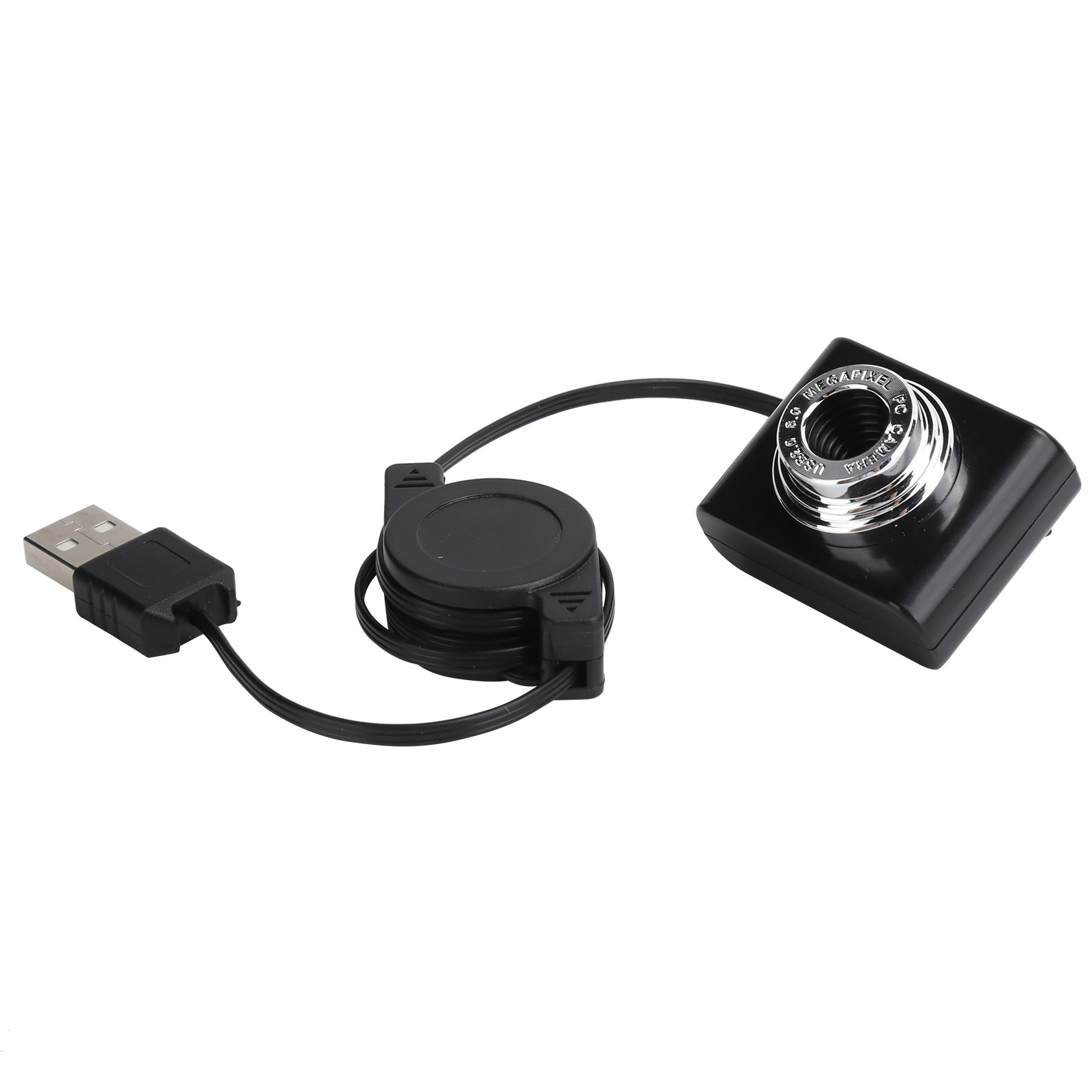 Schwarze Webcam mit USB-Anschluss und einziehbarer Kabelspule.
