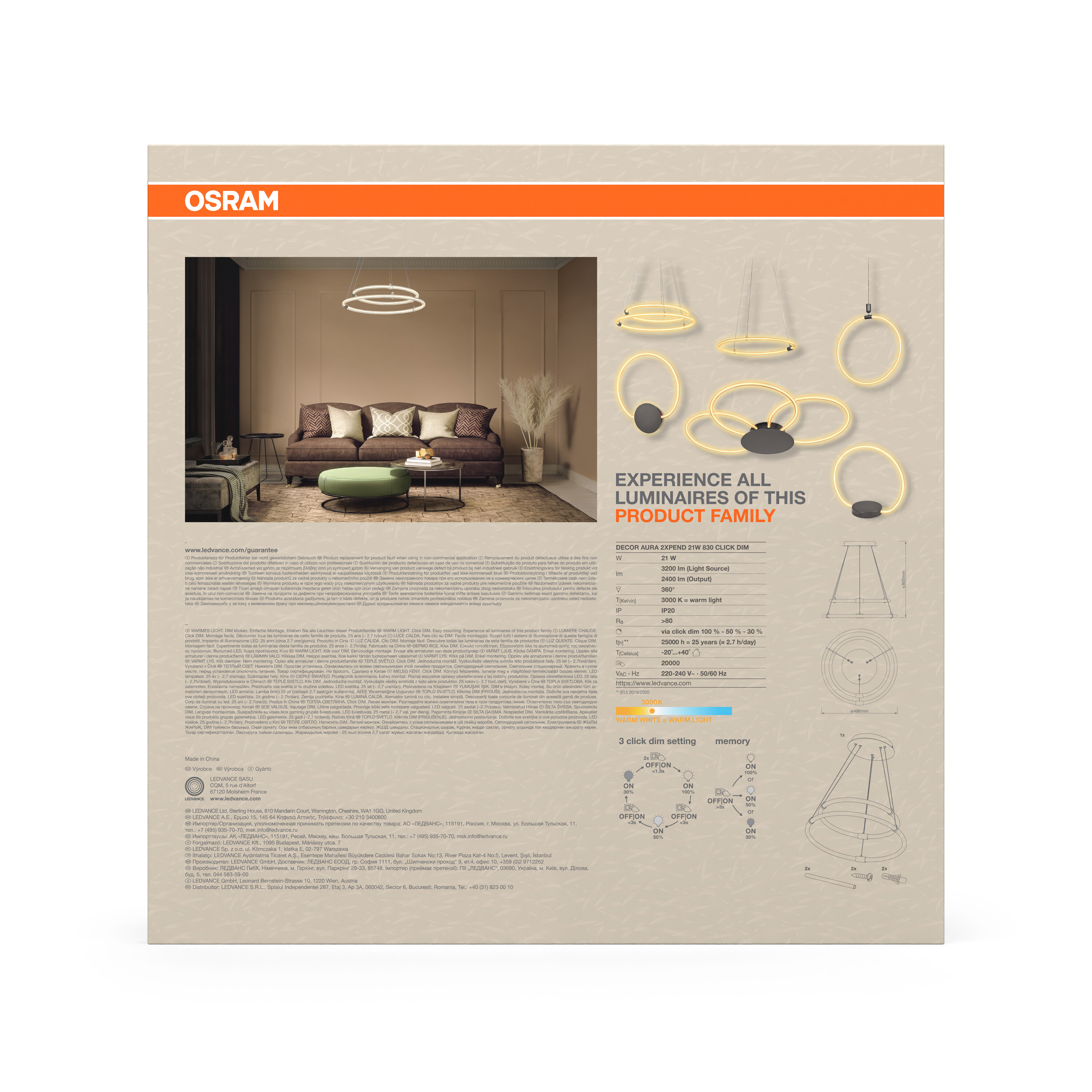 OSRAM-Produktbroschüre mit Wohnzimmer- und Produktbildern.
