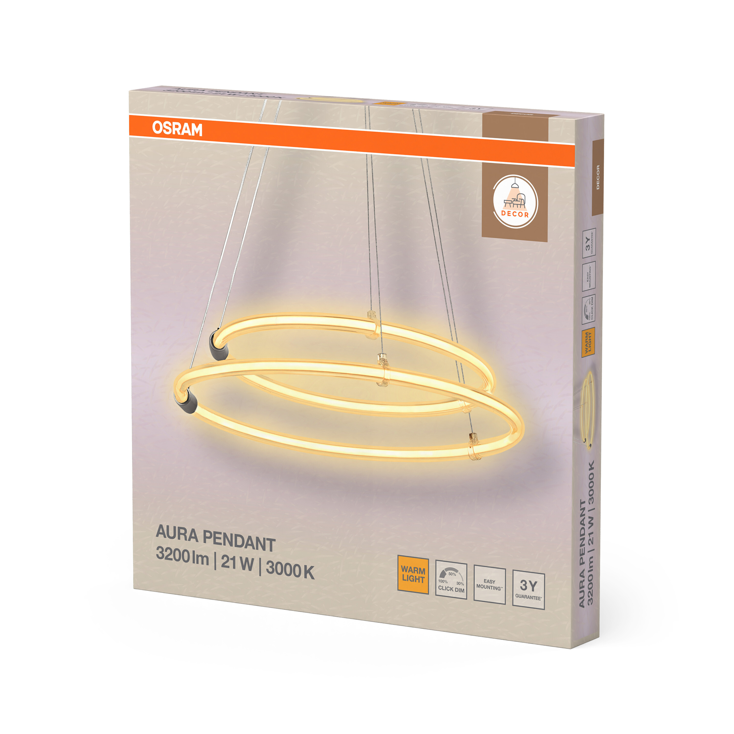 Osram Aura Pendelleuchte,warmes Licht, 3200lm, 21W, 3000K.