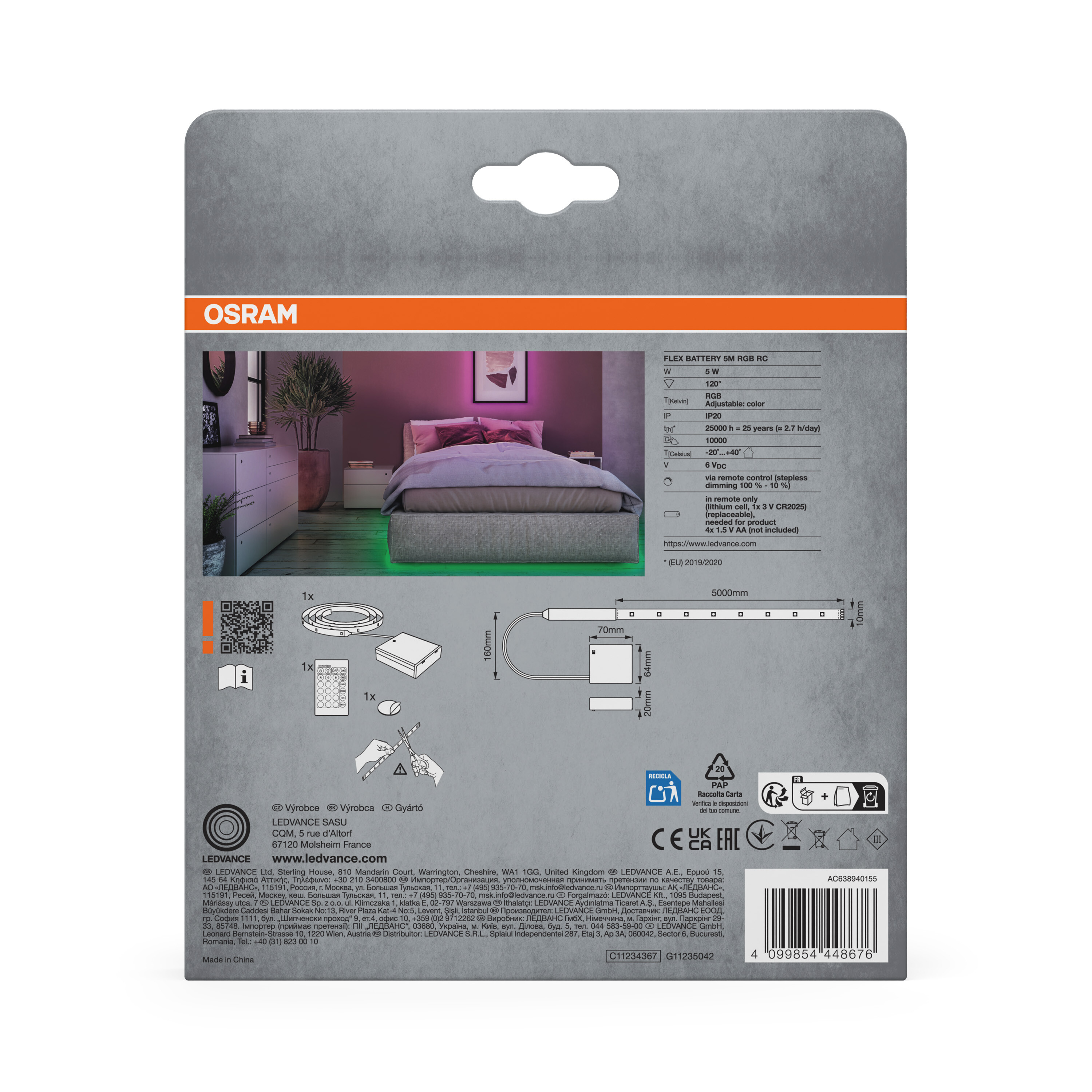 Osram Flex Battery LED-Streifen im Schlafzimmer mit Fernbedienung und Netzteil.