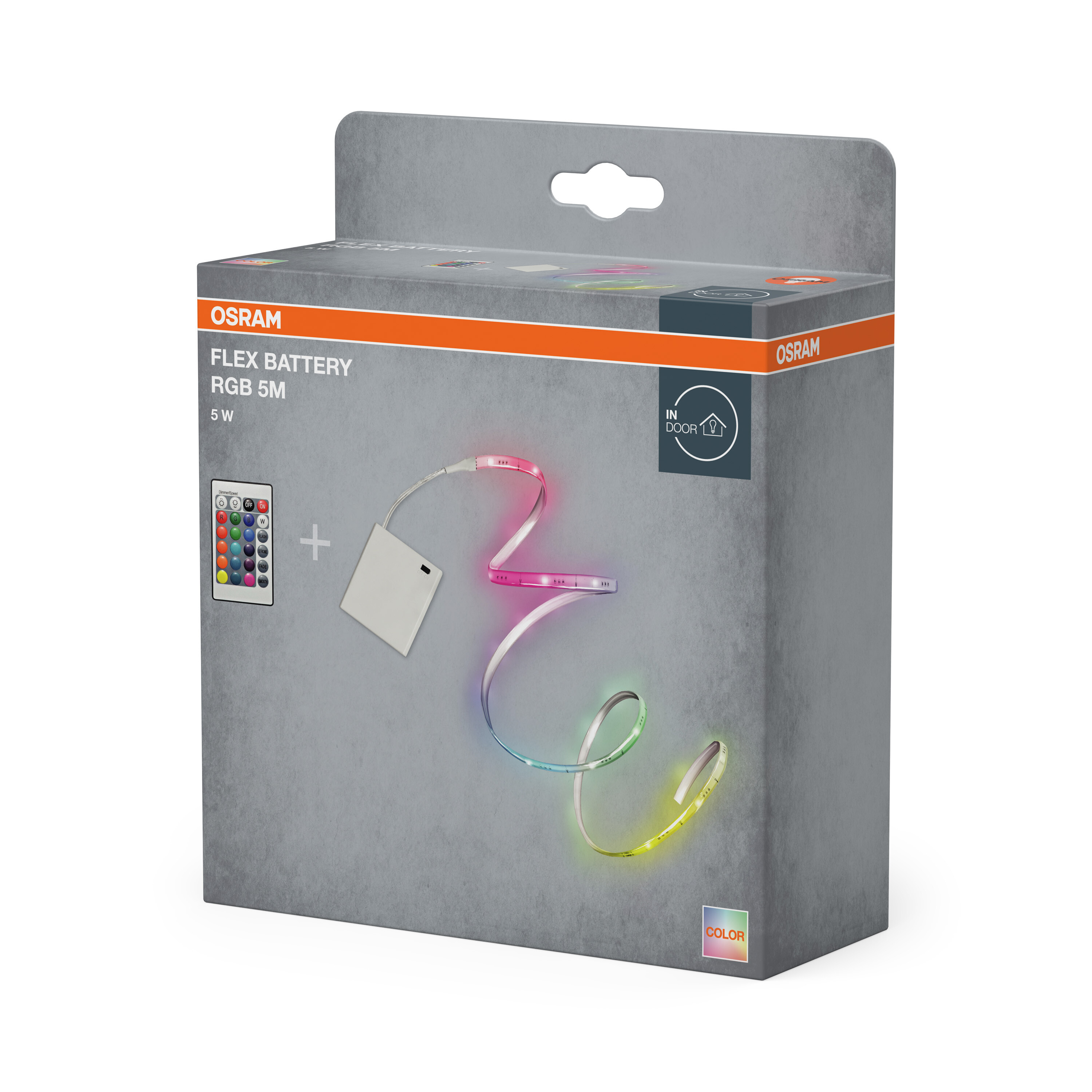 OSRAM RGB LED-Streifen mit Fernbedienung und Batteriebox auf grauem Karton.