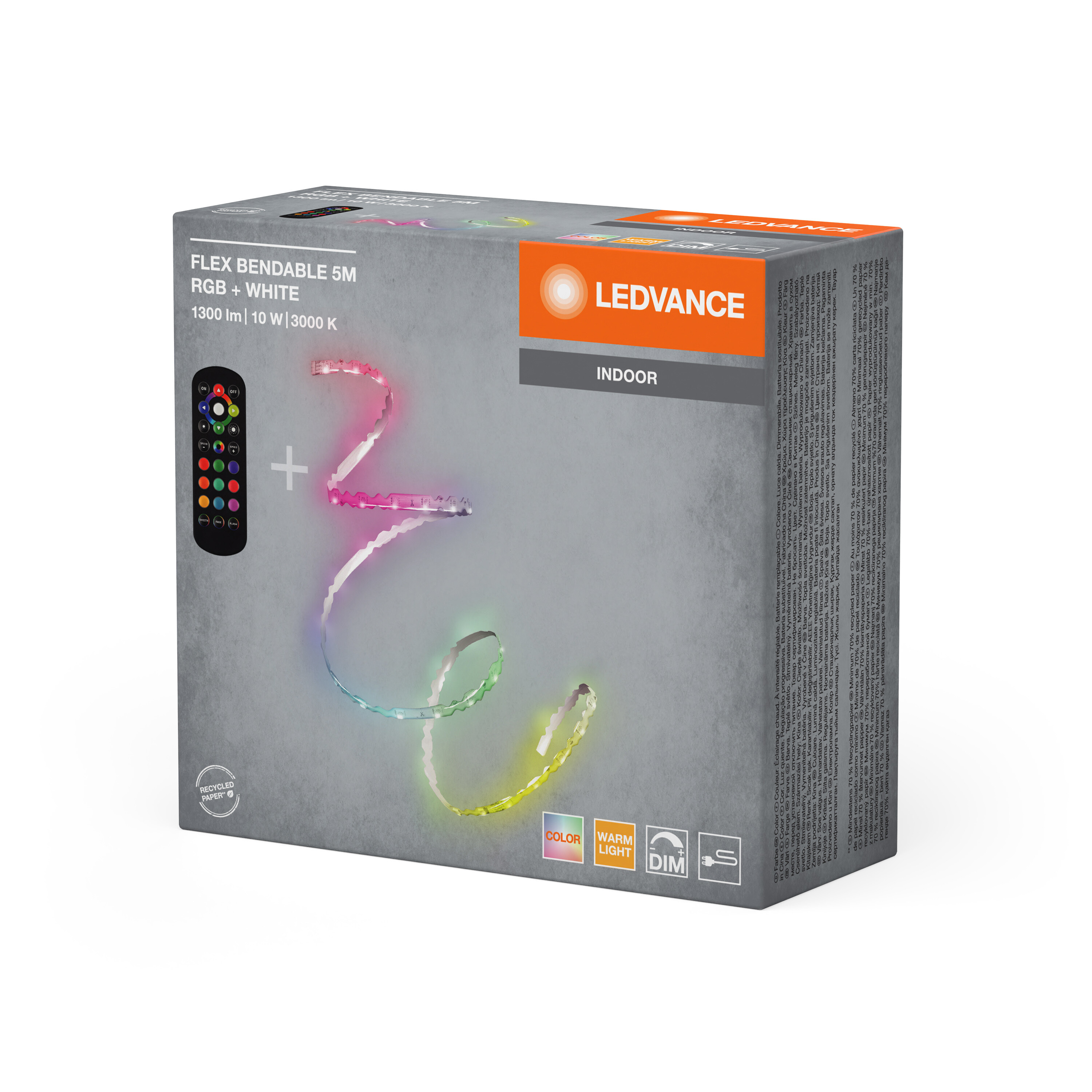 LEDVANCE RGB+WHITE 5M Flex Band mit Fernbedienung, 1300 lm, 10W, 3000K.
