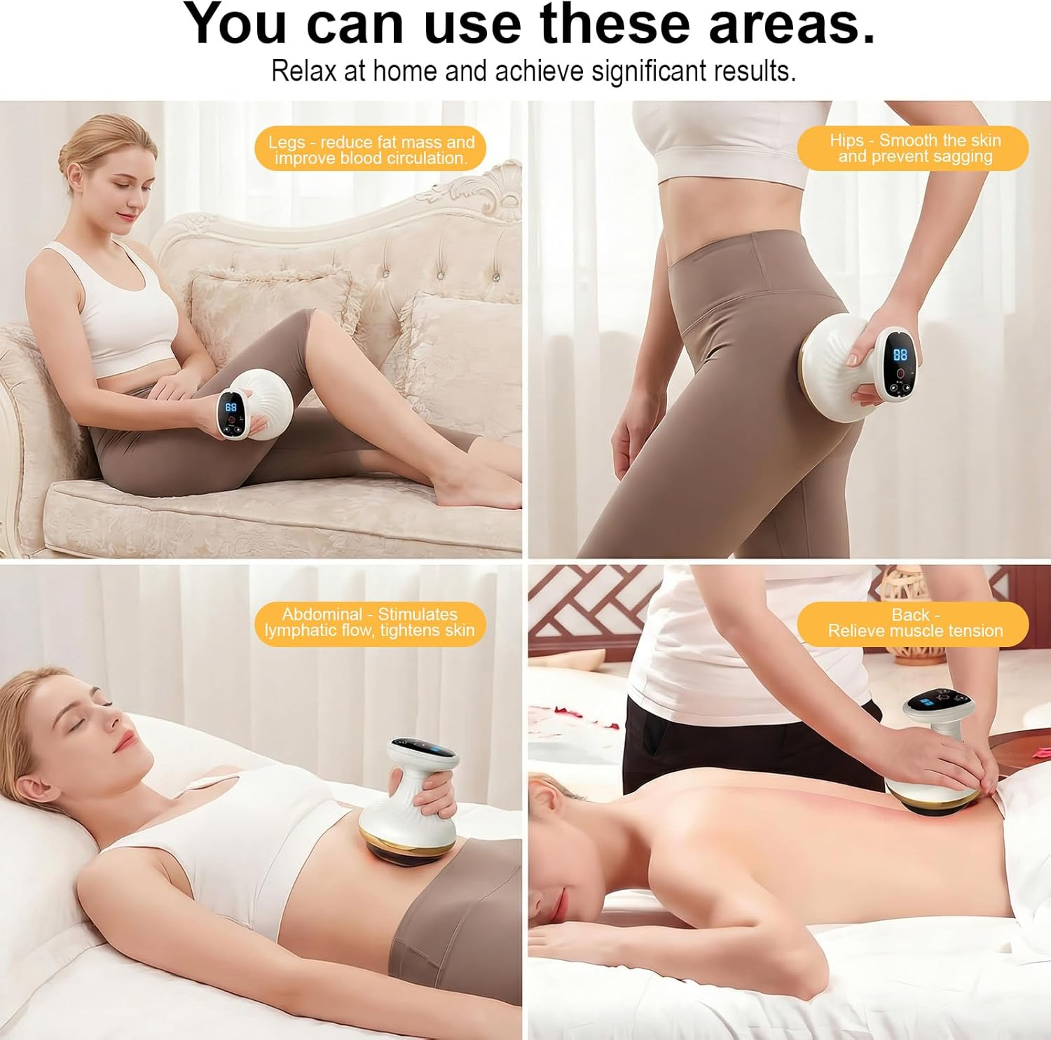 Vier Bilder zeigen Körperpartien: Beine, Hüften, Bauch und Rücken, mit einem Massagegerät.