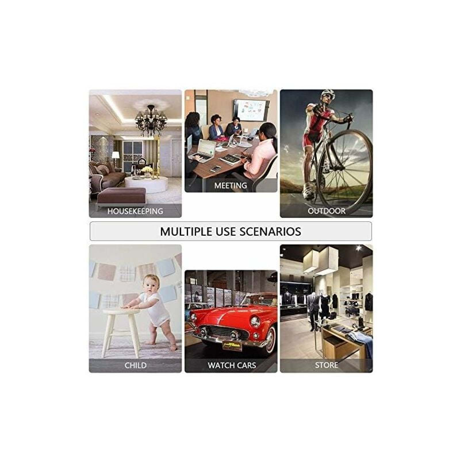 Collage: Hausarbeit, Besprechung, draußen, Kind, Autos, Geschäft.