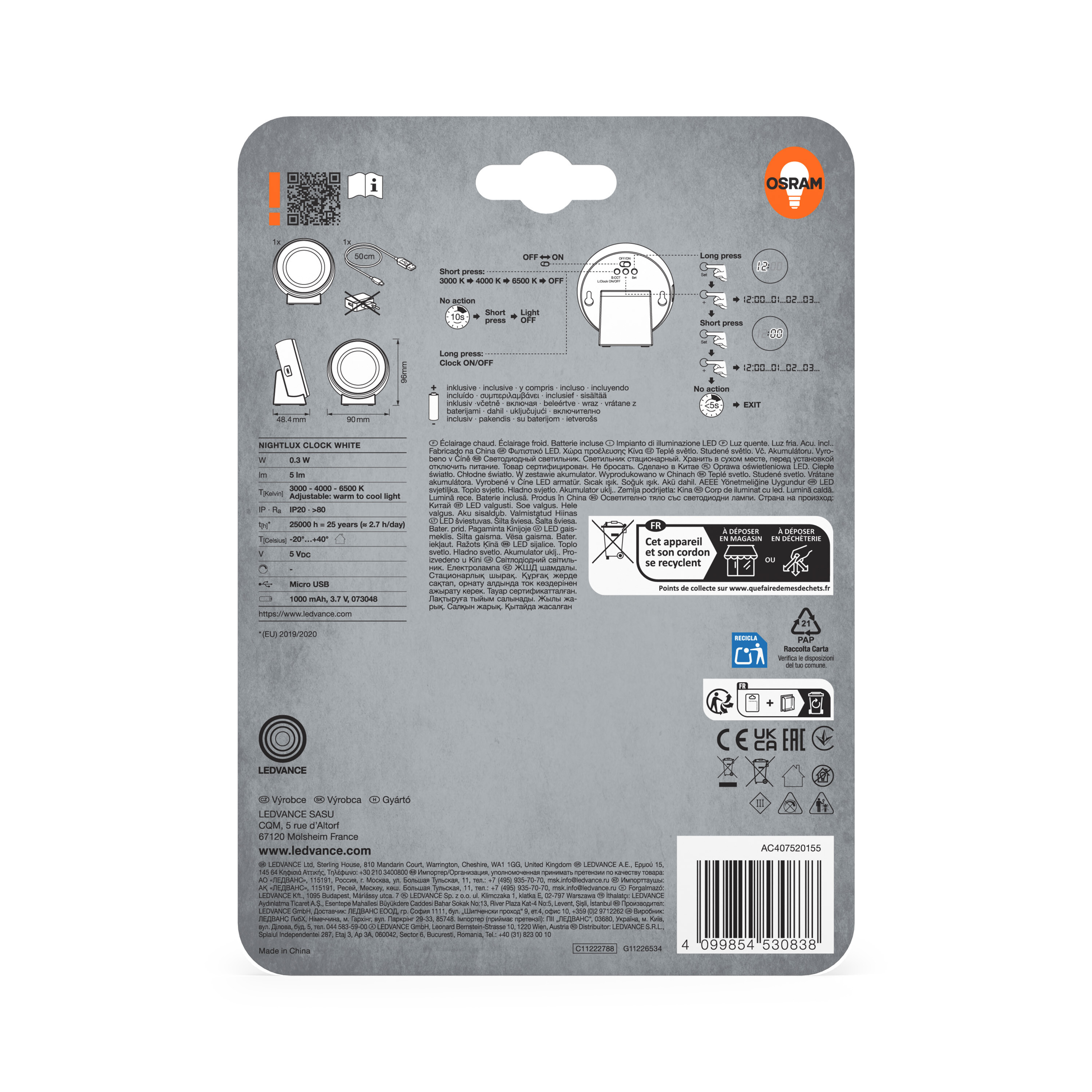 Osram Nachtlicht mit Uhr, verschiedene Lichtfarben, USB-Laden.