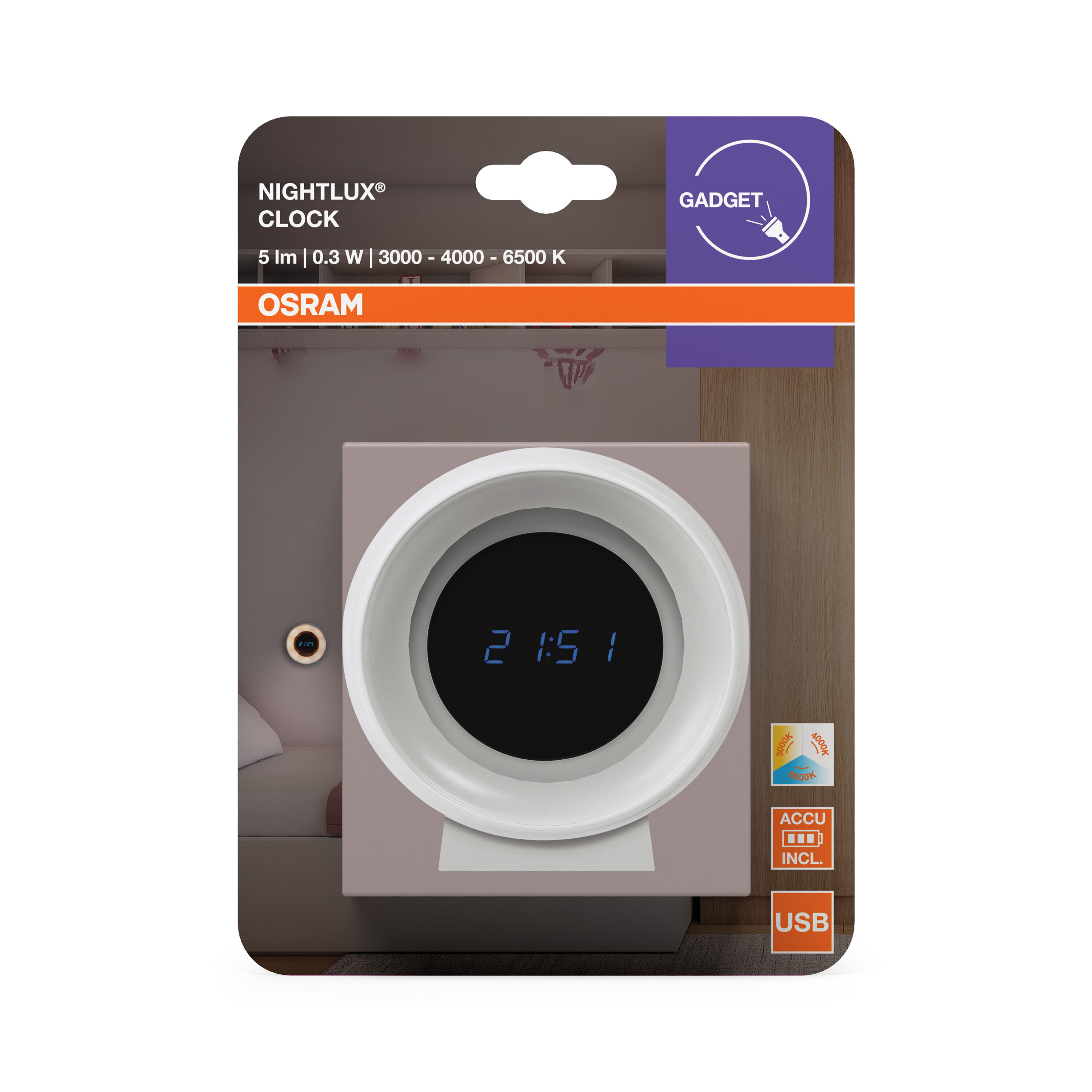 Osram Nachtlicht-Uhr mit digitaler Anzeige 21:51, USB, Akku inkl.