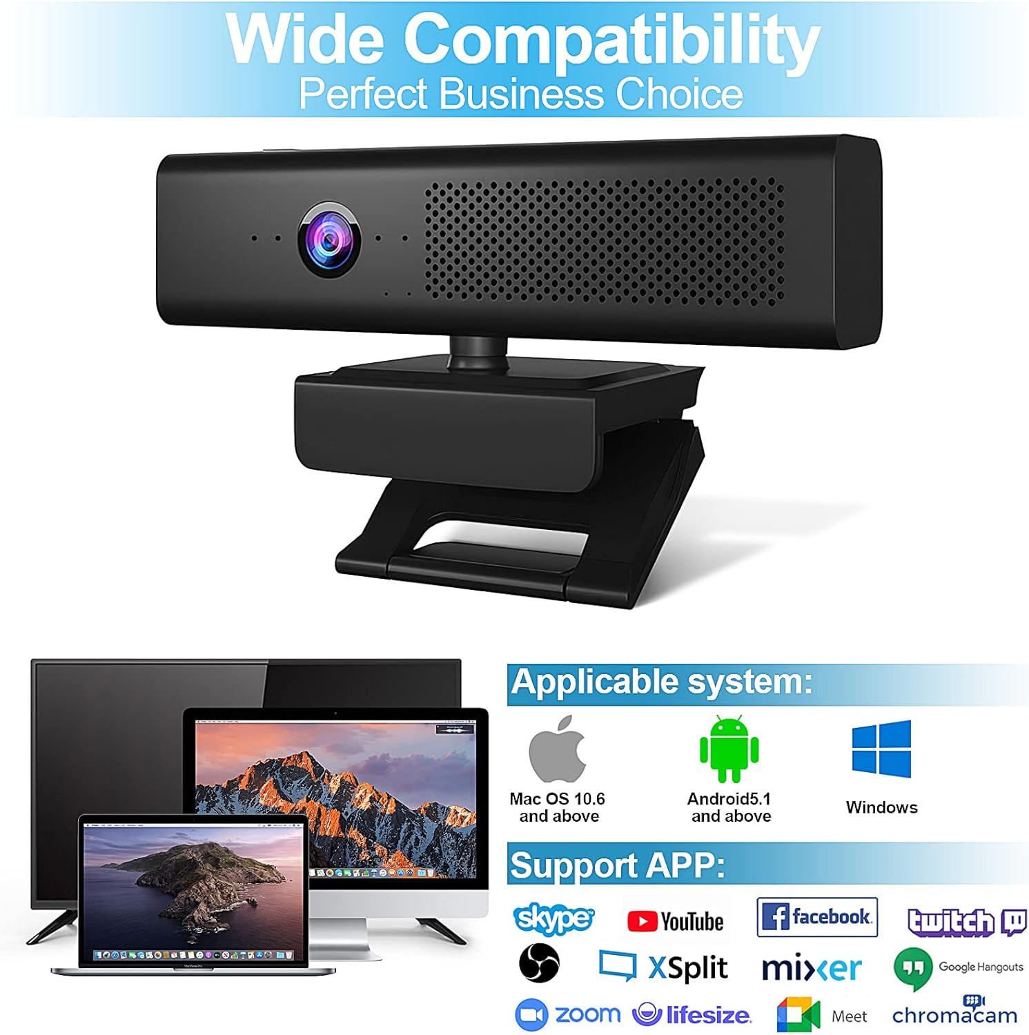 Schwarze Webcam mit Stativ, daneben Laptops, Monitor und TV. Unten Logos von Apps.