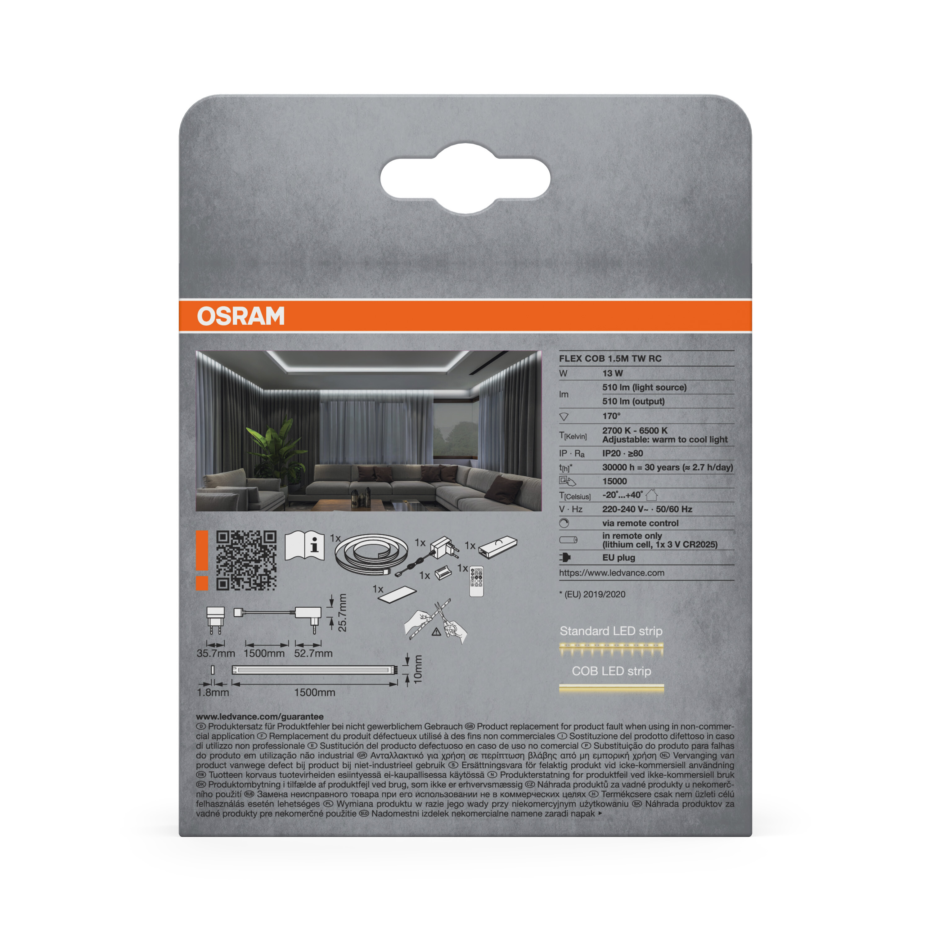 OSRAM LED-Streifen-Verpackung mit Produktbild, Spezifikationen und Zubehör.