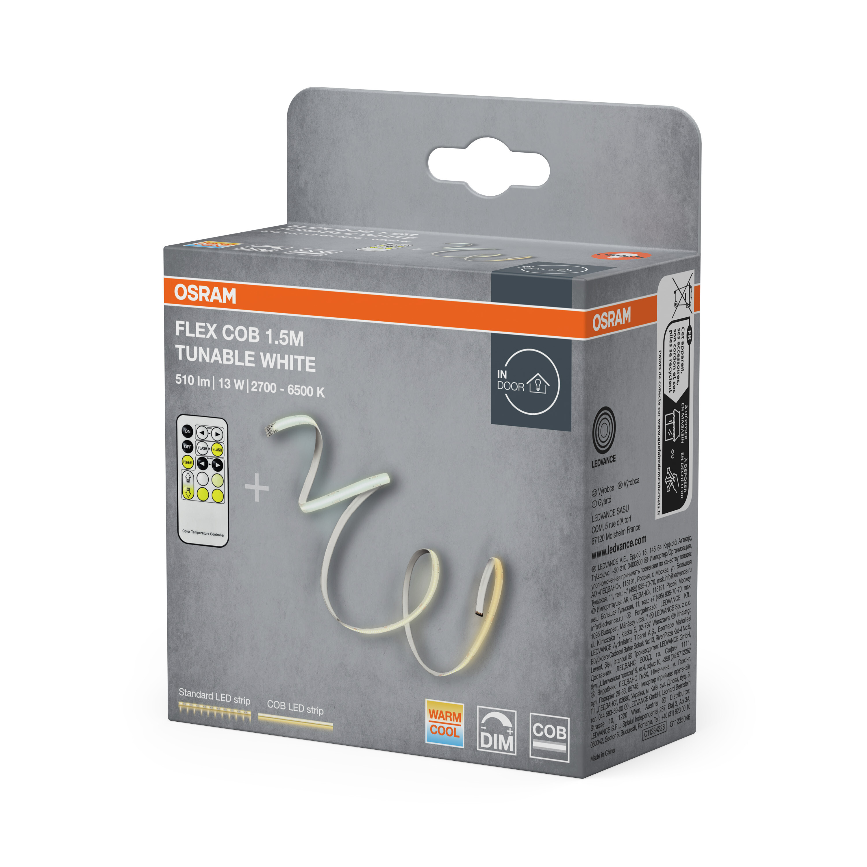OSRAM FLEX COB LED-Streifen mit Fernbedienung auf grauem Karton.