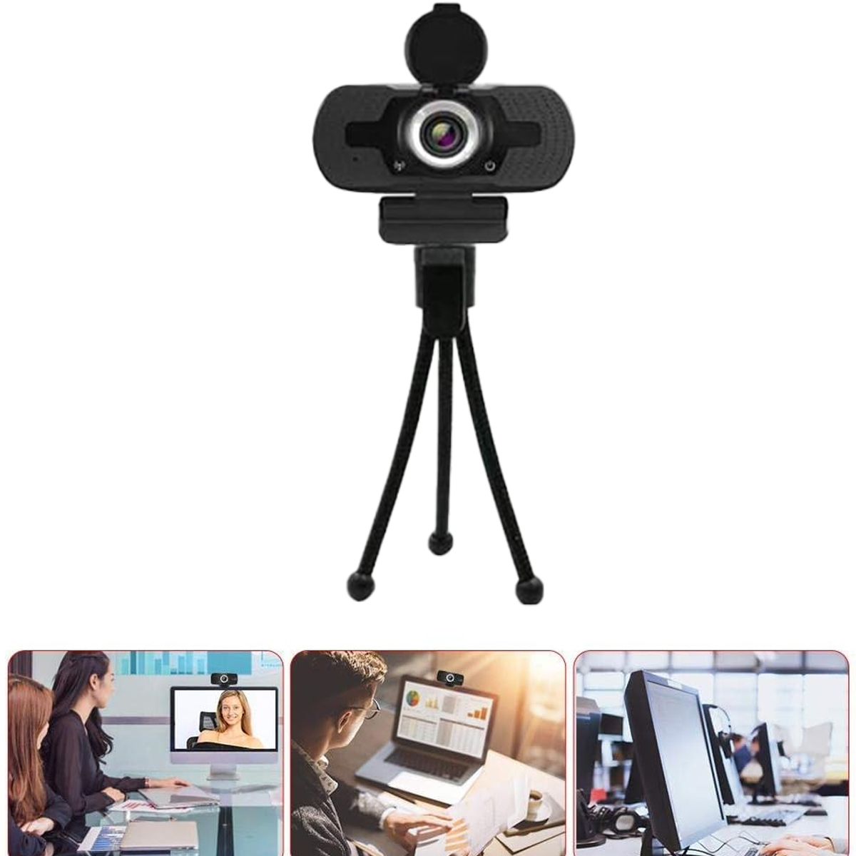 Eine schwarze Webcam auf einem Stativ, mit drei kleinen Bildern unten.