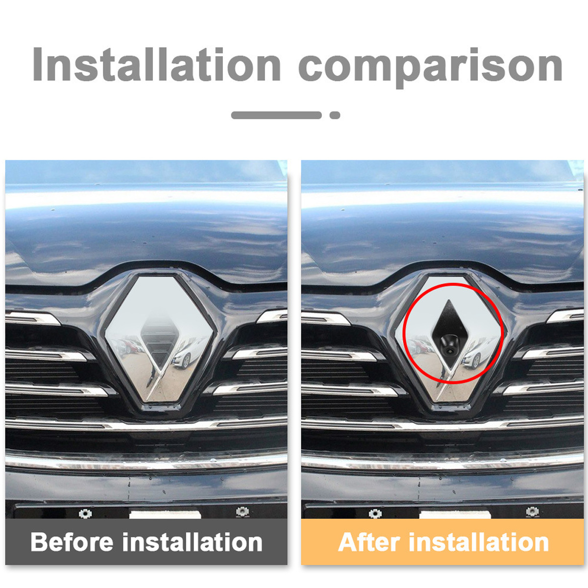 Vorher-Nachher-Vergleich einer Autofront mit Emblem. Vorher ohne Kamera, nachher mit Kamera im Emblem.