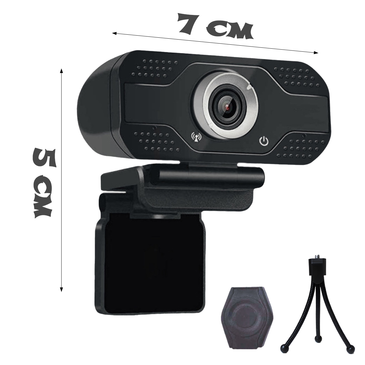 Eine schwarze Webcam mit einem 7 cm breiten und 5 cm hohen Gehäuse, mit Stativ.