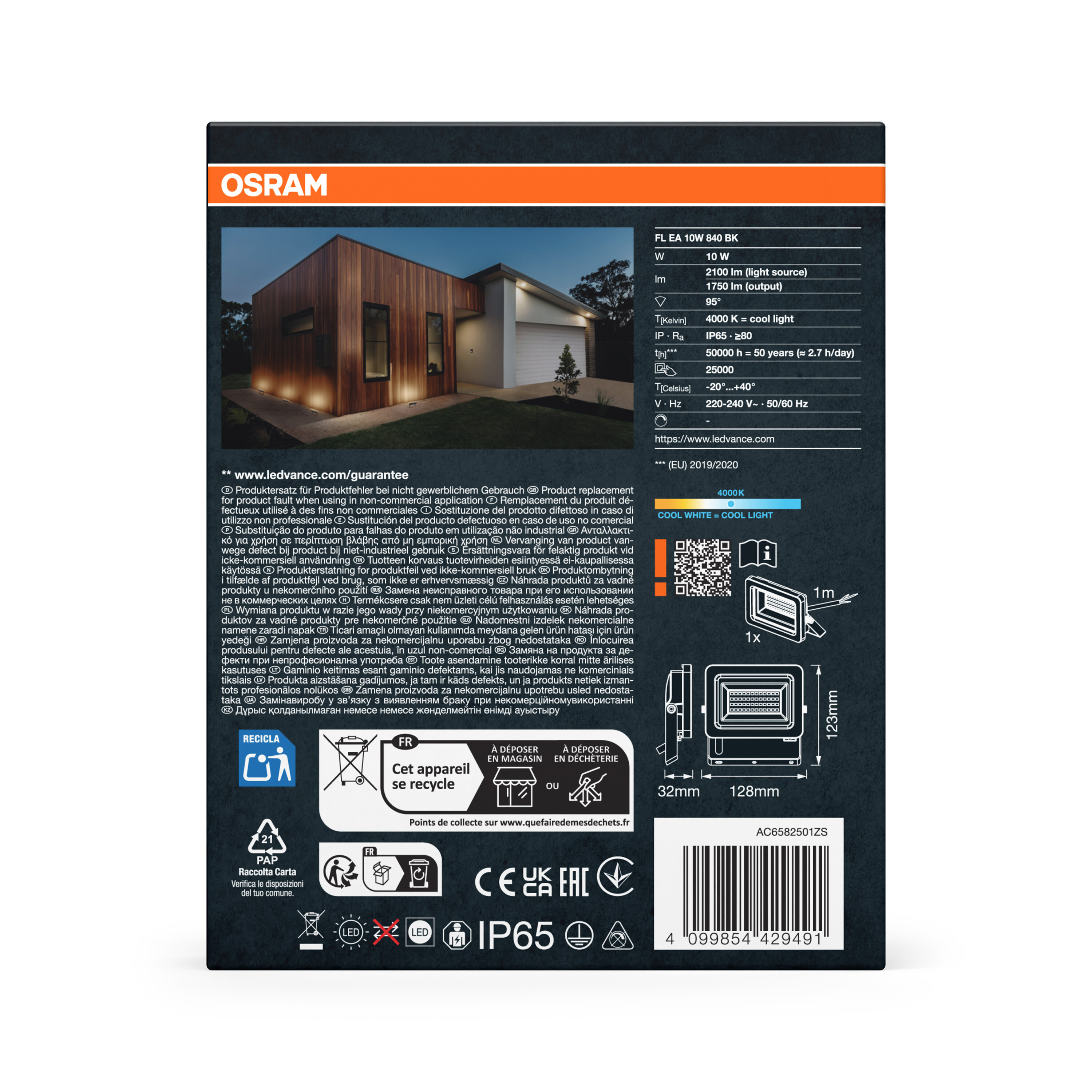 OSRAM LED Fluter beleuchtet ein modernes Haus im Freien bei Nacht.
