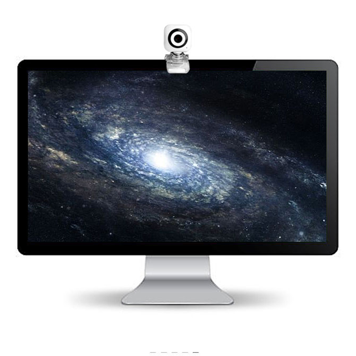 Ein Monitor mit einem Galaxienhintergrund und einer Webcam oben.