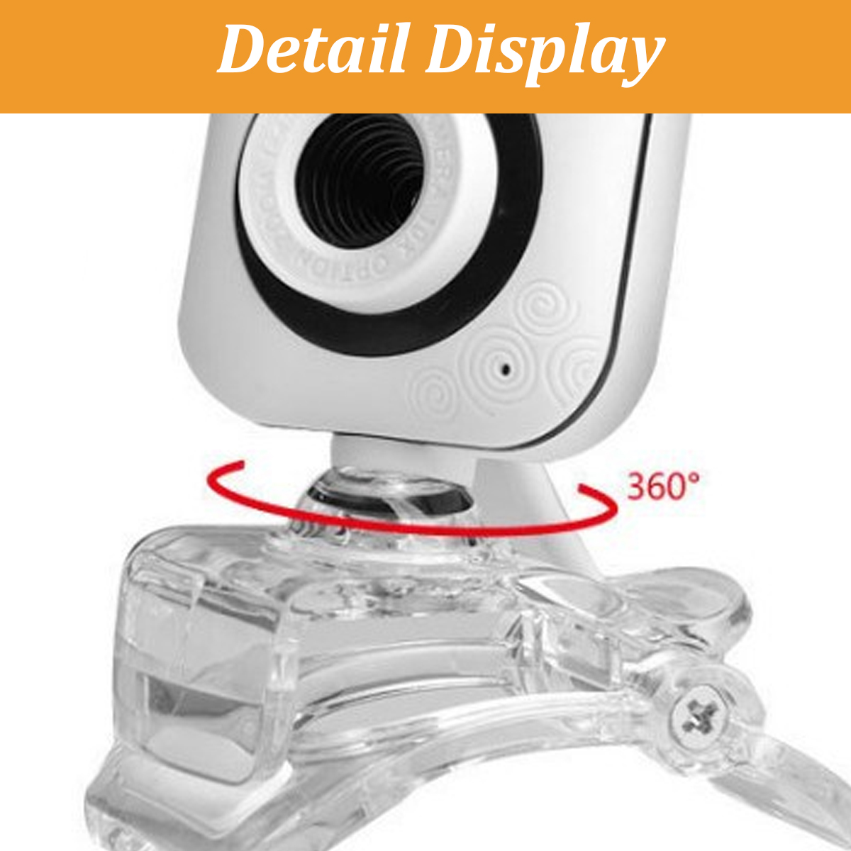 Eine weiße Webcam mit einem transparenten Ständer, der eine 360-Grad-Drehung anzeigt.