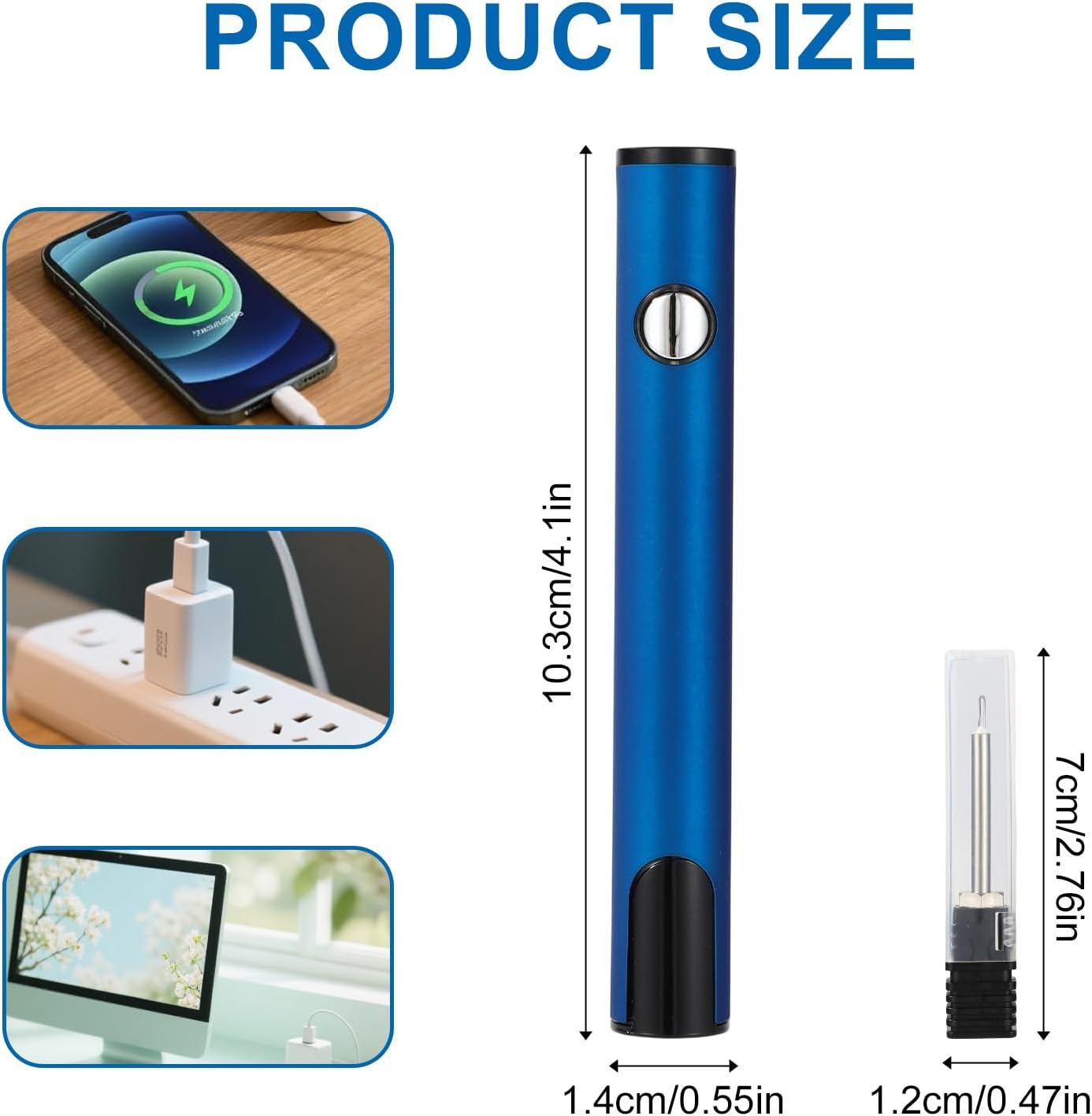 Blauer Stift mit Maßen, Handy beim Laden, Netzteil an Steckdose, Computerbildschirm.