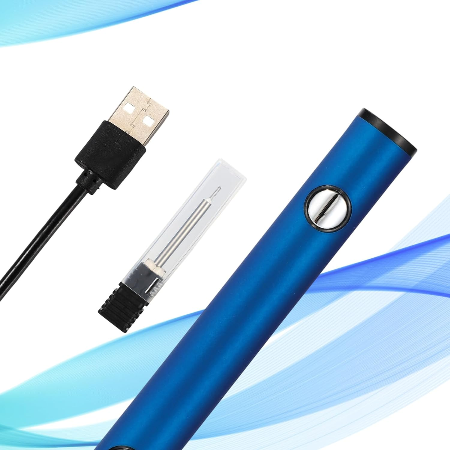 Blauer Akku mit USB-Ladekabel und einer Kartusche.