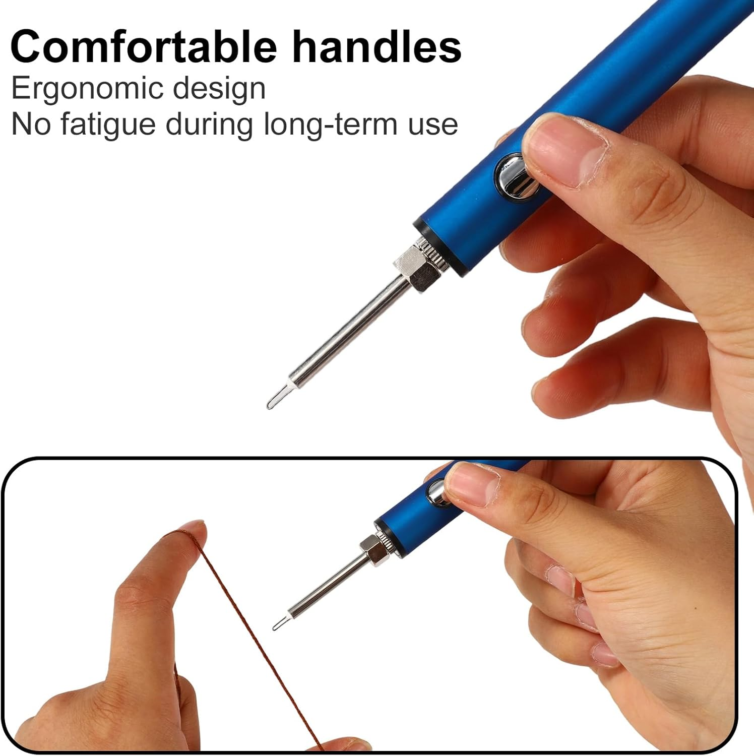 Blauer Lötkolben in der Hand, mit Fokus auf Griff und Spitze.