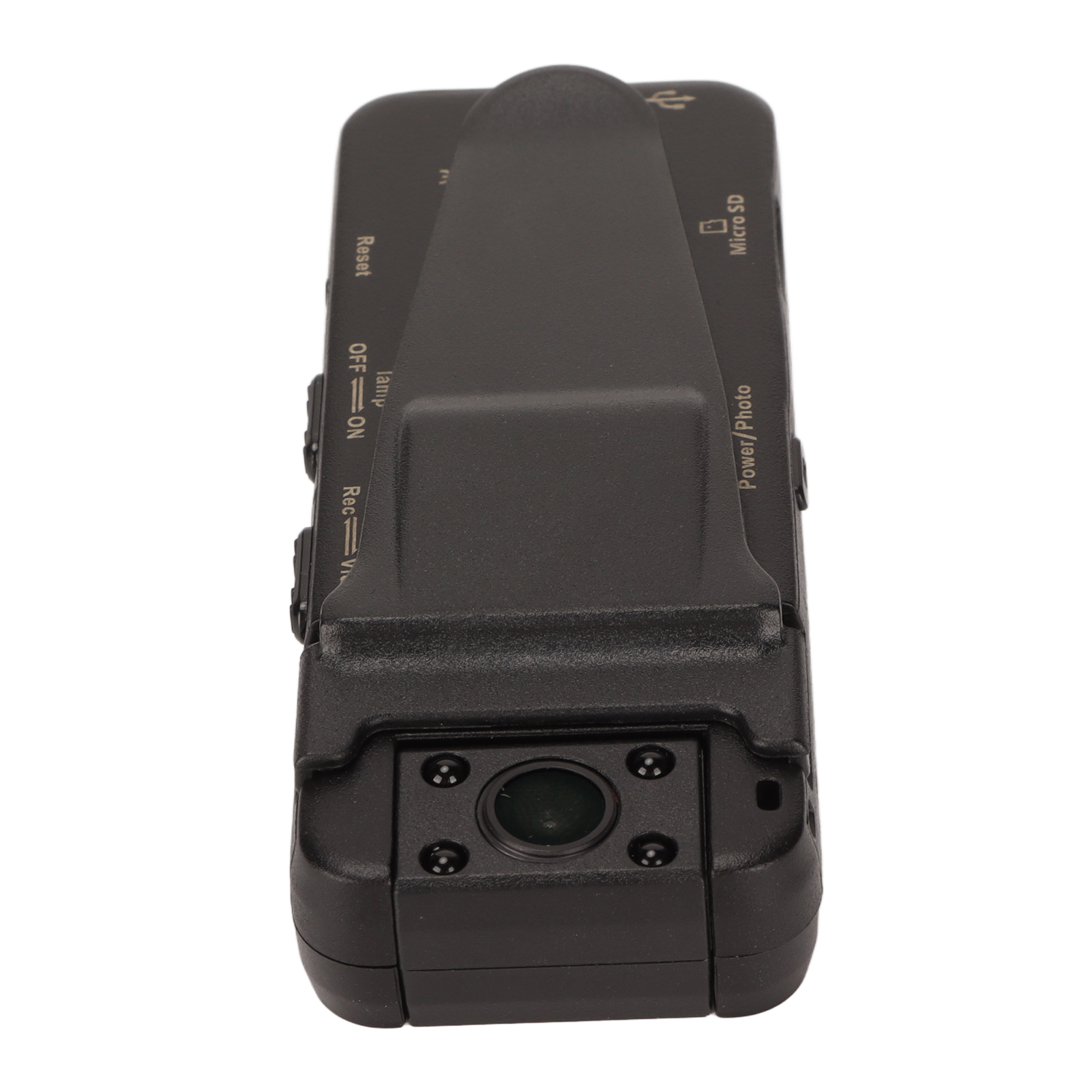 Schwarzer Clip-Rekorder mit Linse vorne, Micro-SD-Slot und "Power/Photo"-Beschriftung.