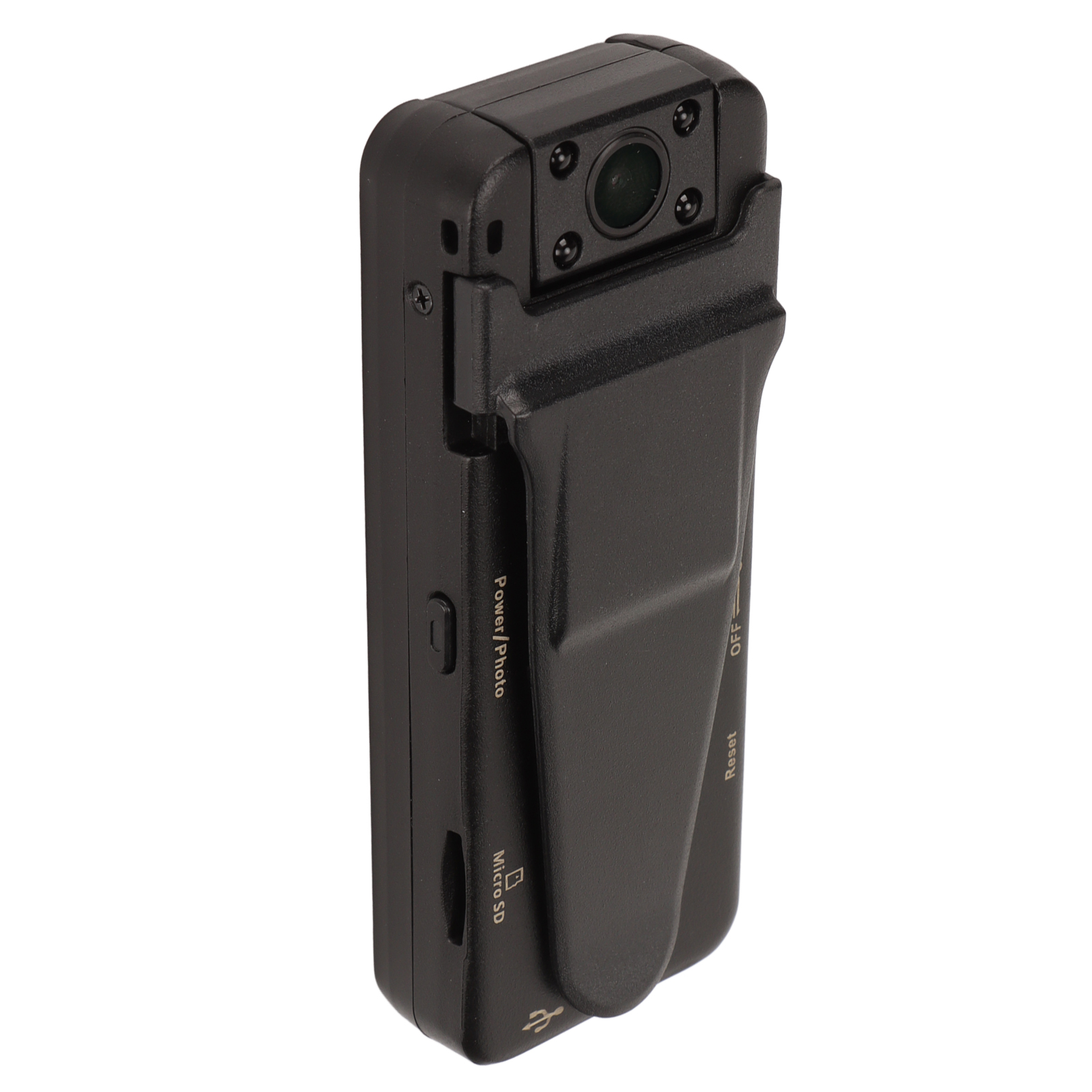 Schwarze Mini-Kamera mit Clip, Linse, Micro-SD-Steckplatz und USB-Anschluss.