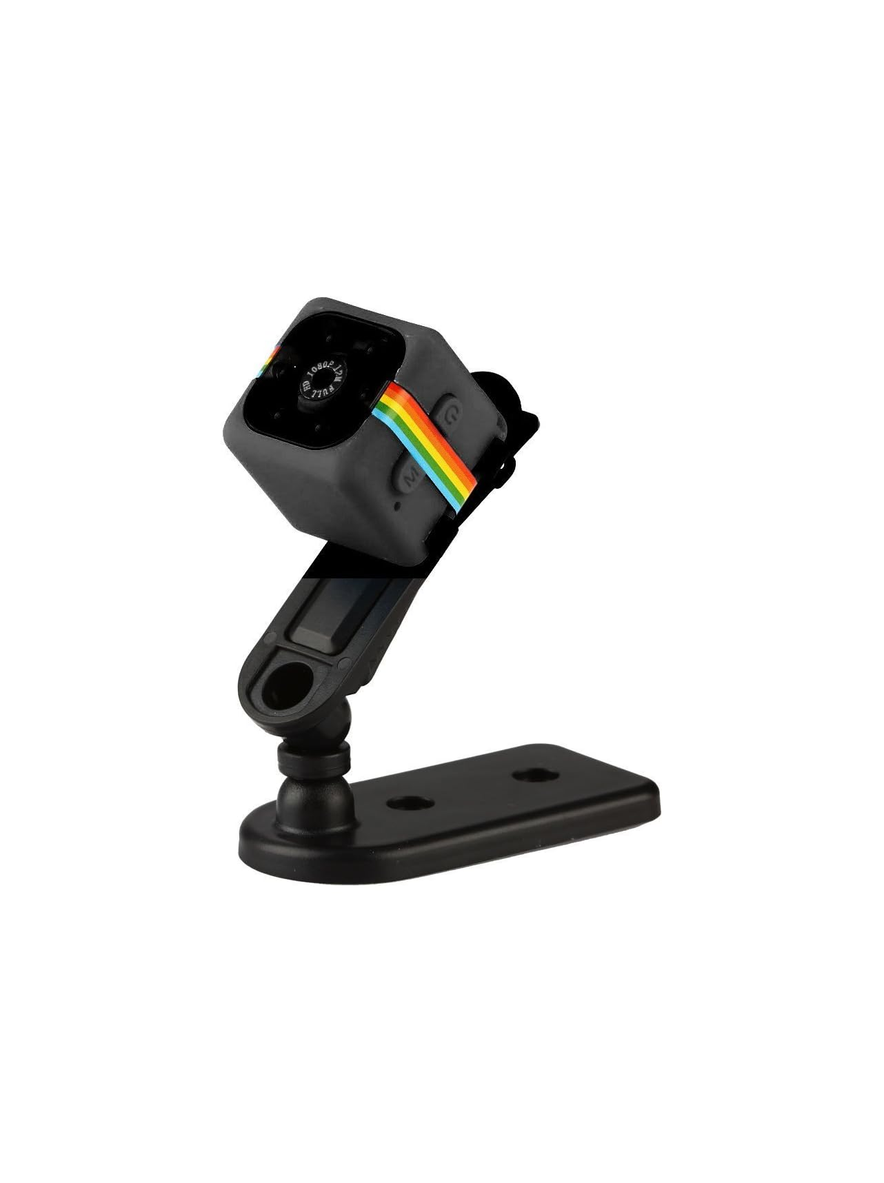 Eine kleine schwarze Kamera mit Regenbogenband und Ständer.