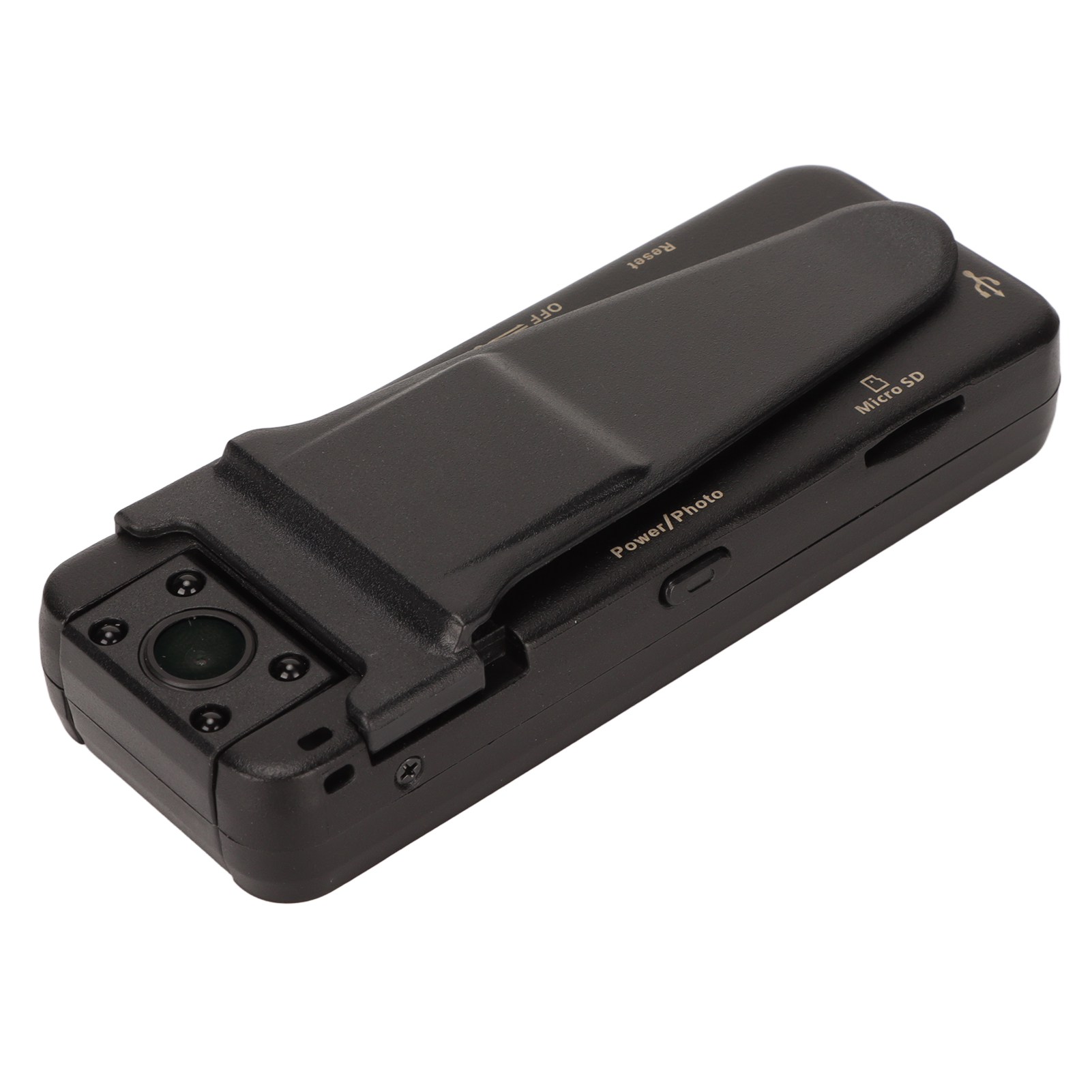 Schwarze Mini-Kamera mit Clip, USB und Micro-SD-Anschluss. Beschriftungen: Reset, Off, Power/Photo.