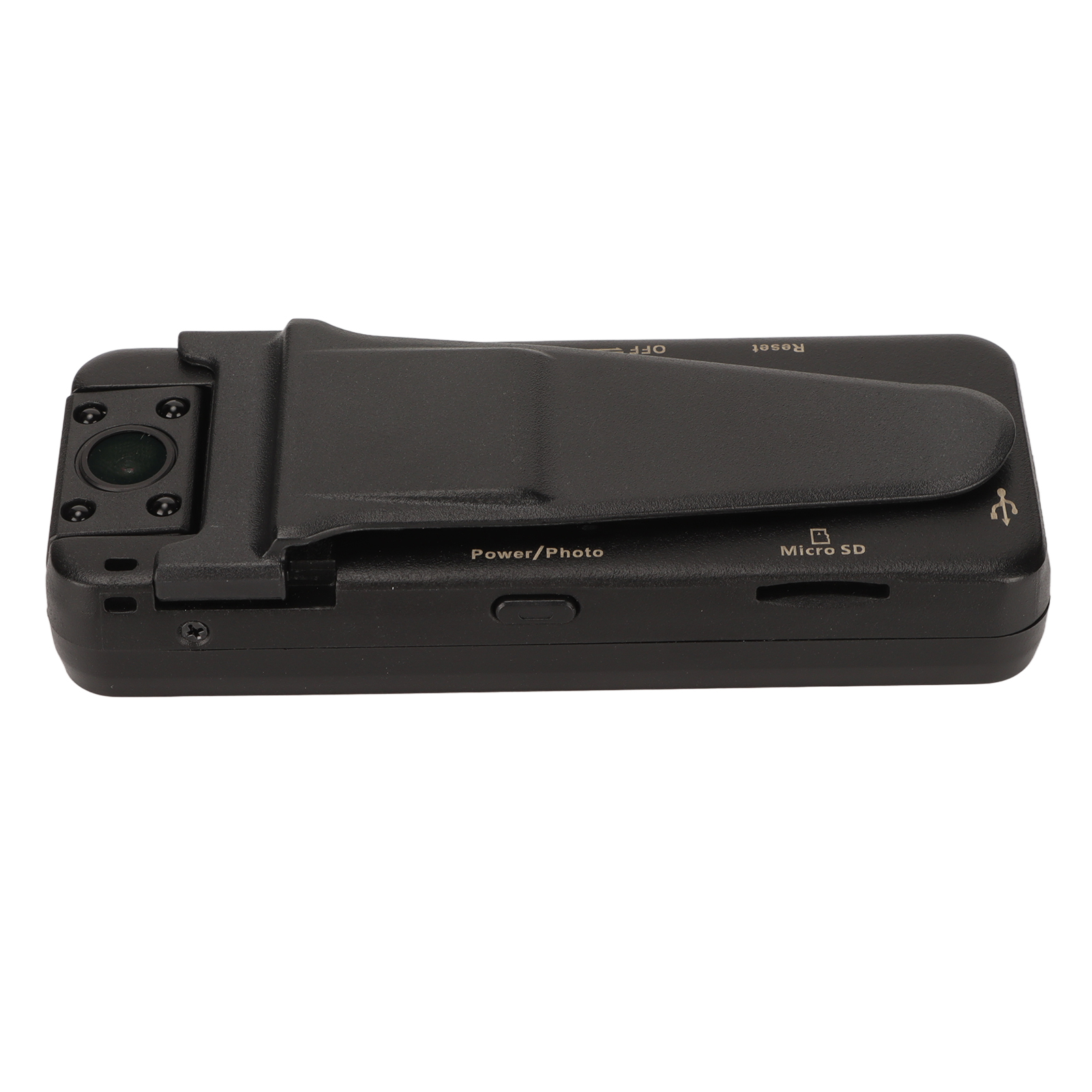 Schwarze Klebe-Kamera mit Linse, Mikro-SD-Steckplatz und USB-Anschluss.