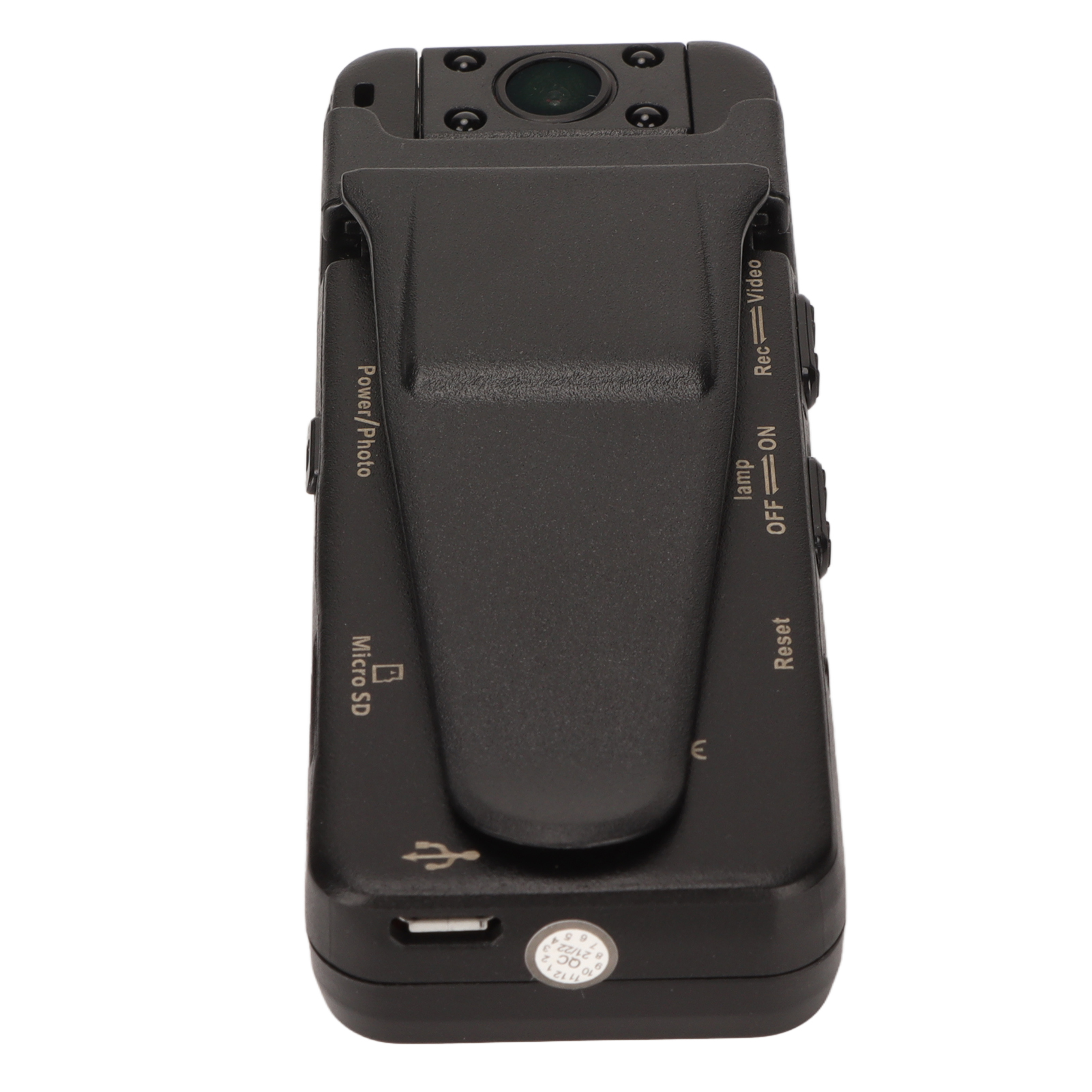 Schwarze Mini-Kamera mit Clip, USB-Anschluss und beschrifteten Tasten.