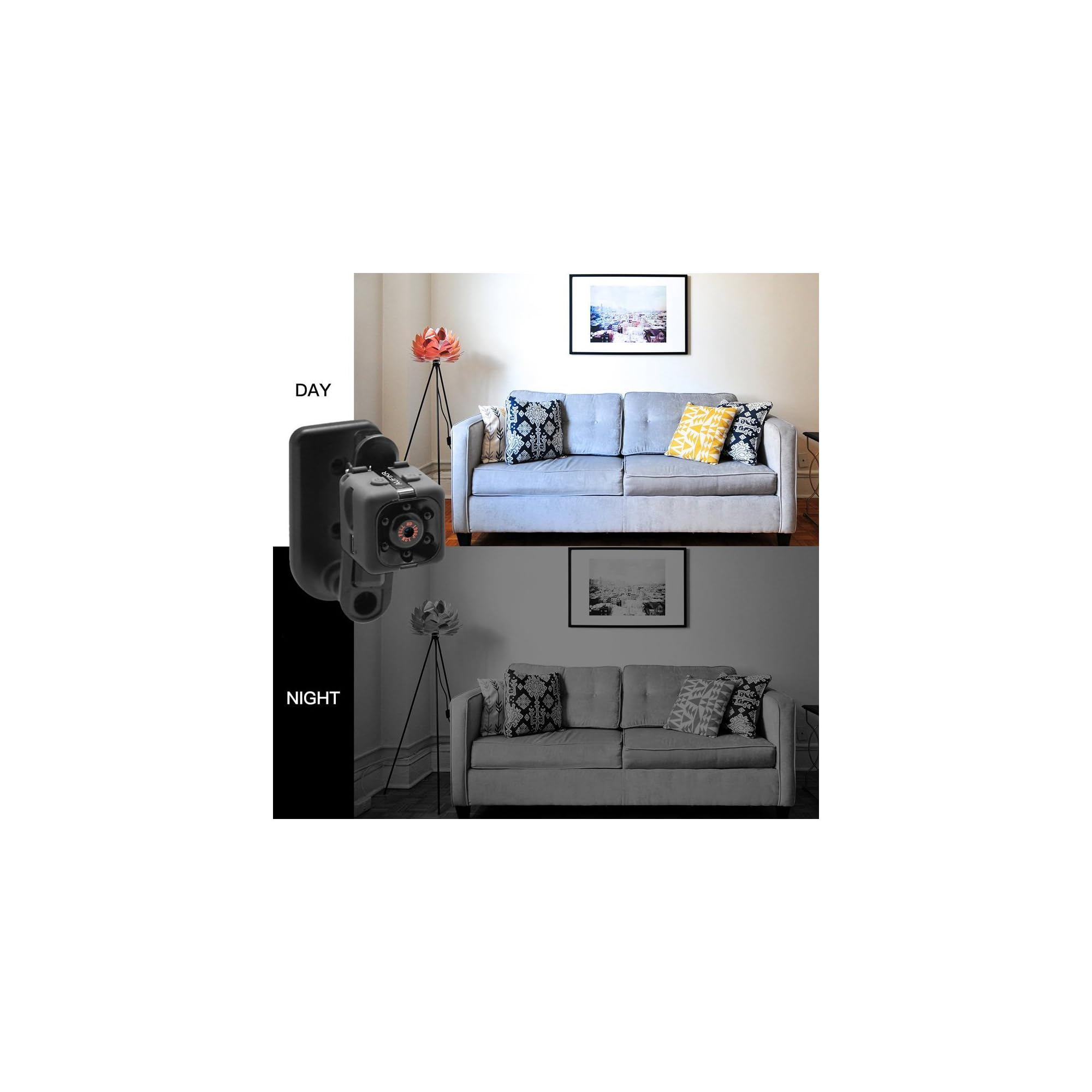Kamera zeigt Wohnzimmer bei Tag und Nacht. Graues Sofa, Lampe, Bild.