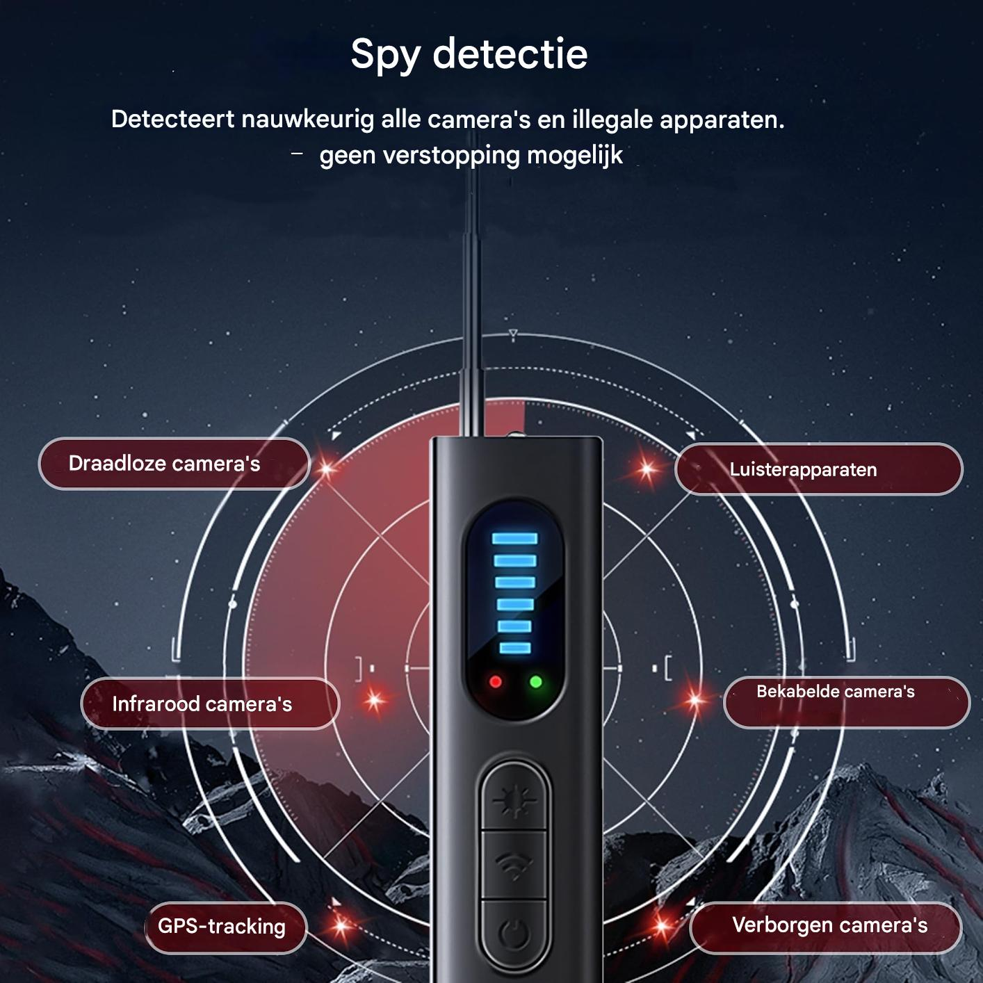 Ein Spionageerkennungsgerät mit Scanlinien, das verschiedene Gerätearten anzeigt.