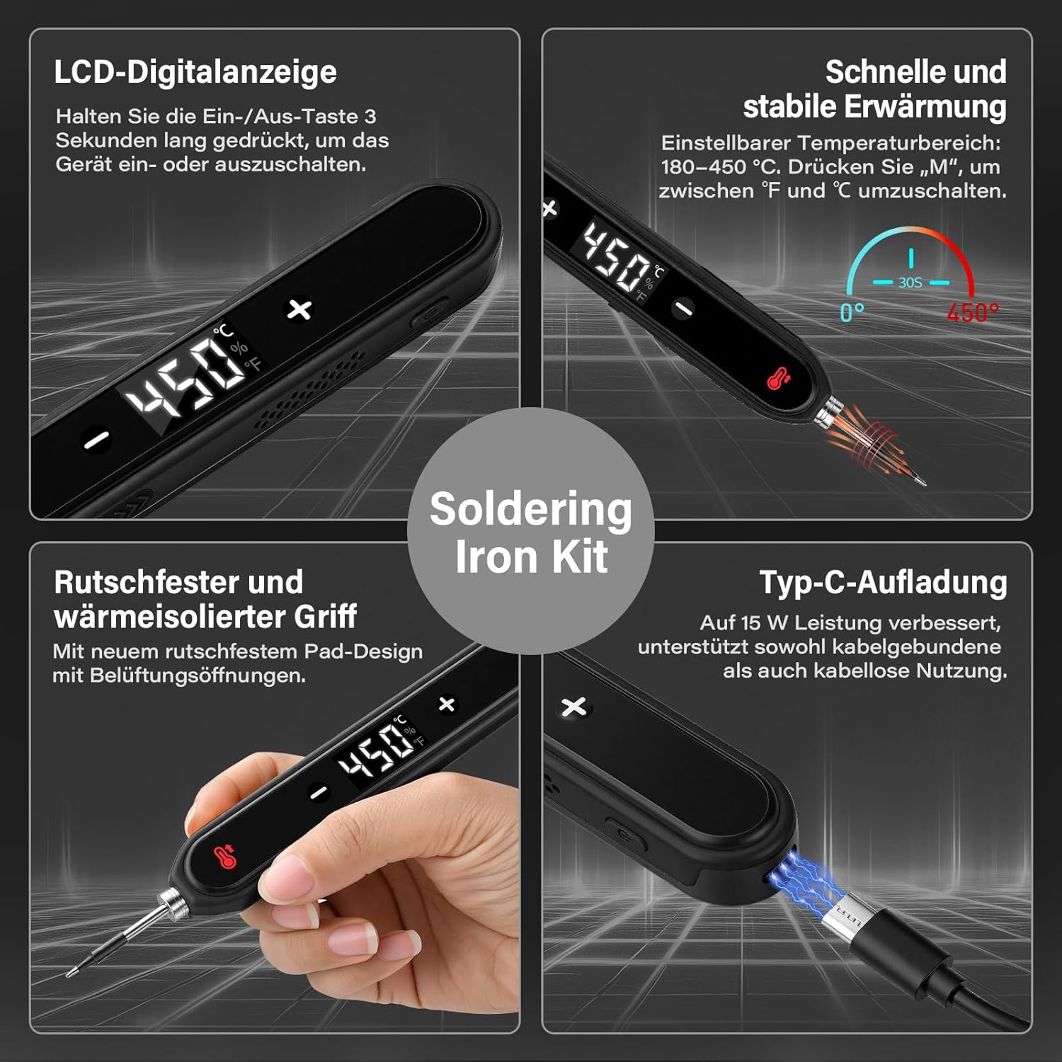 Ein Lötset mit LCD-Anzeige, Typ-C-Aufladung, rutschfestem Griff und warmer Spitze.