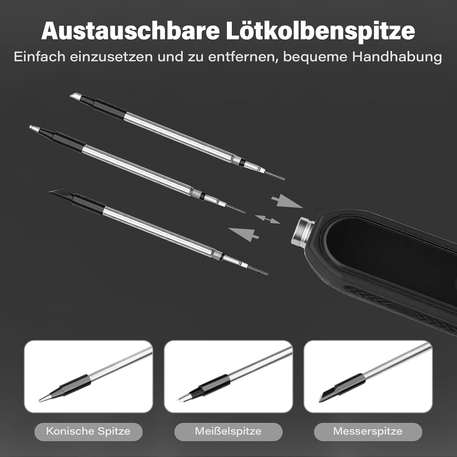 Drei Lötspitzen und ein Griffteil auf grauem Hintergrund.