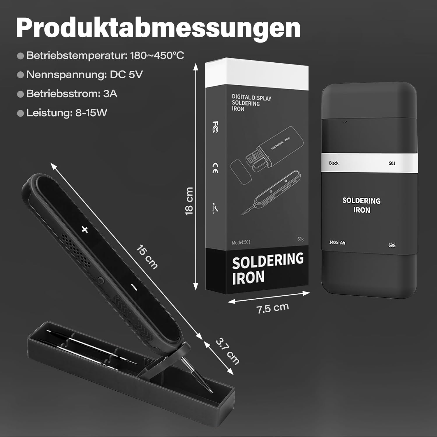 Ein digitaler Lötstift mit Zubehör und Verpackung, Maße angegeben.