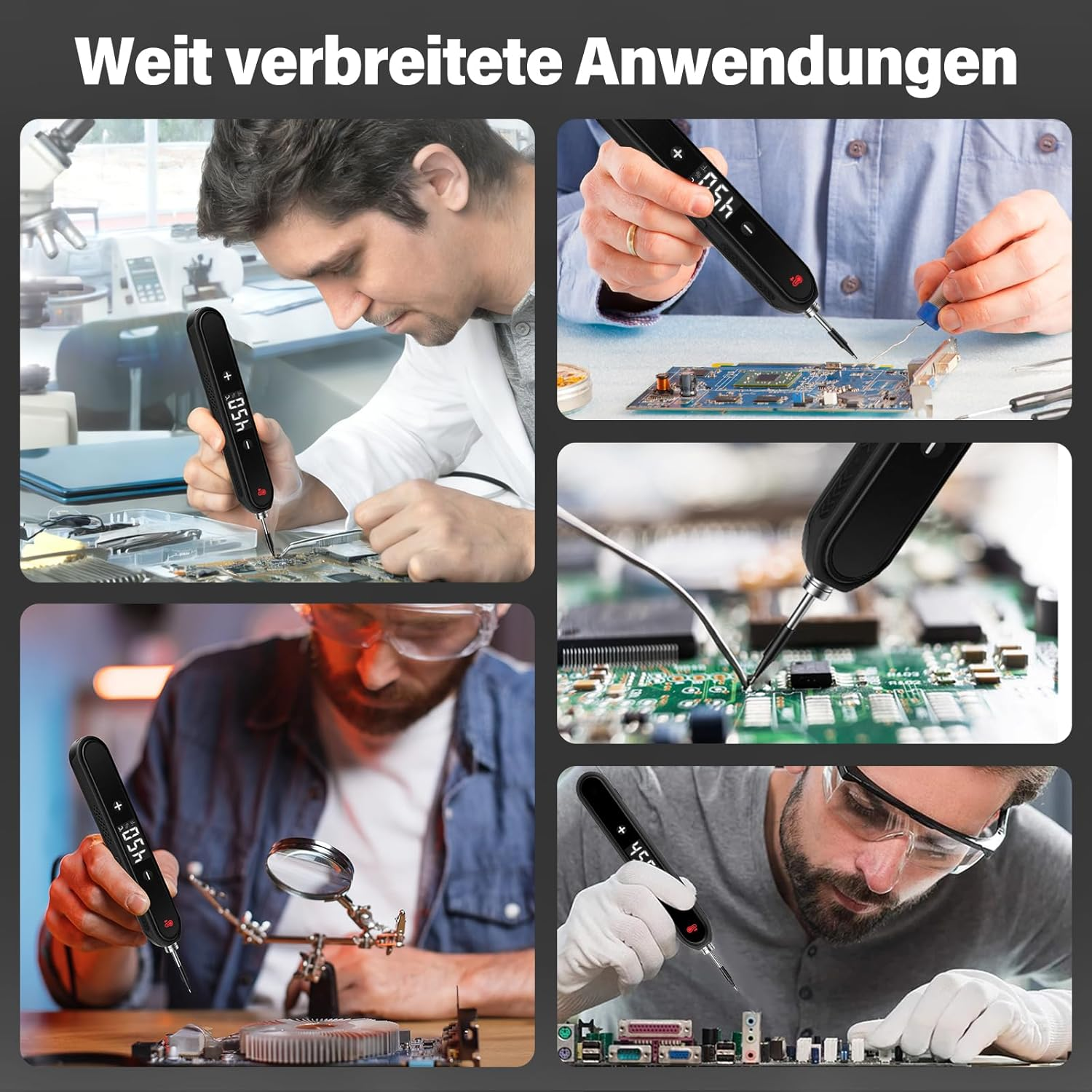 Männer löten an Platinen mit digitalen Lötwerkzeugen.