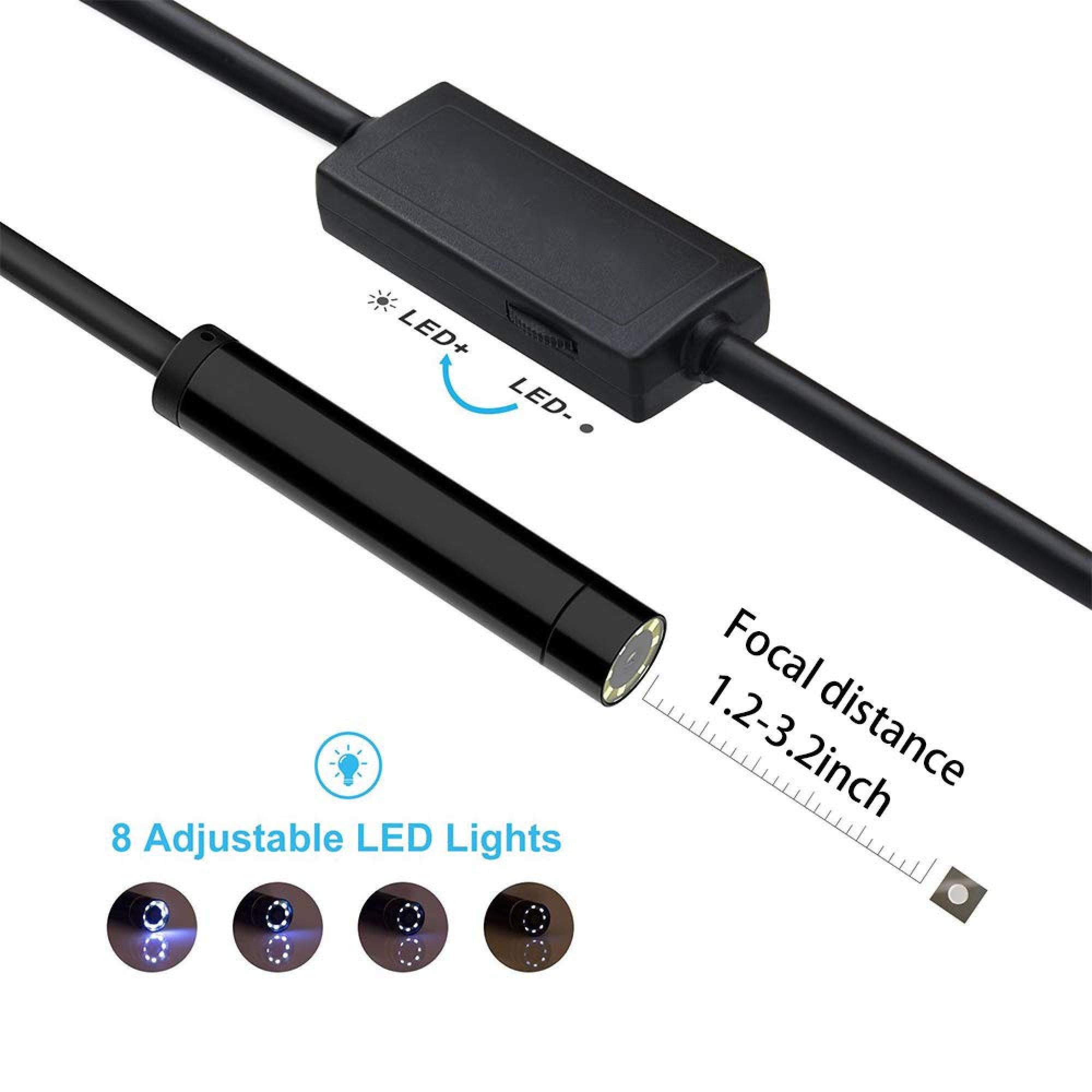 Schwarze Inspektionskamera mit verstellbaren LEDs und 1,2-3,2 Zoll Fokusdistanz.