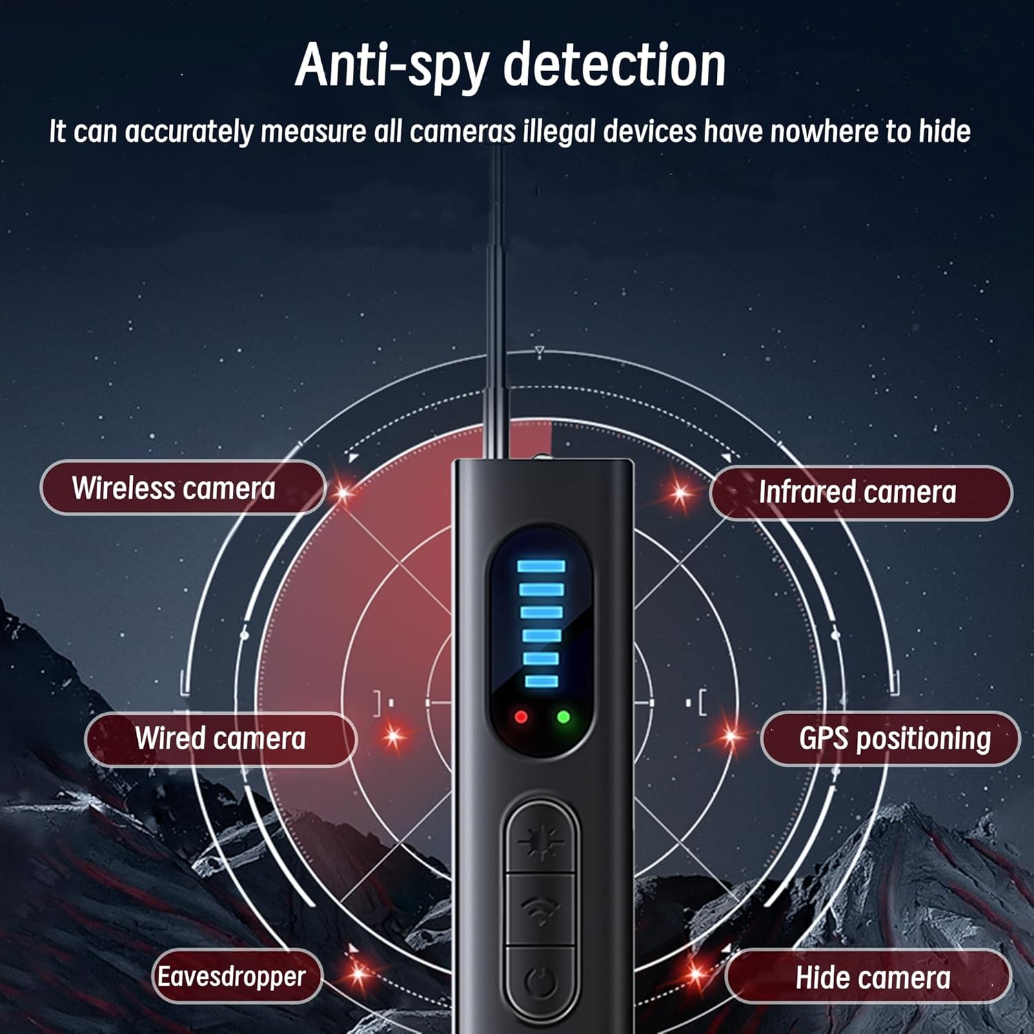 Anti-Spionage-Detektor mit Anzeigen für versteckte Kameras und GPS.