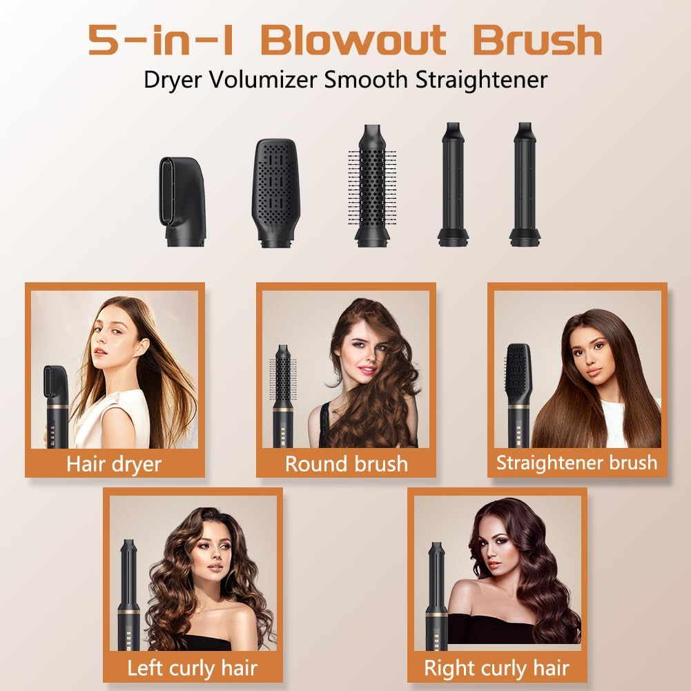 5-in-1 Blowout Bürste mit Aufsätzen: Trockner, Rundbürste, Glätter, lockige Frisuren.