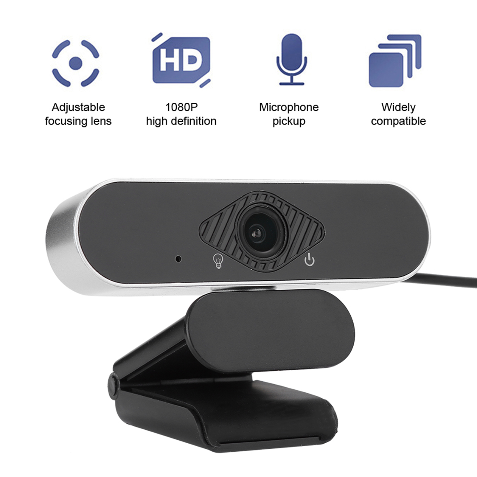 Eine silberne Webcam mit schwarzem Clip und Linse.