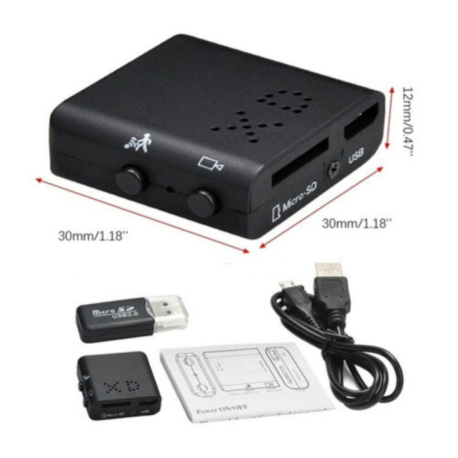 Schwarzes Mini-Gerät mit USB-Kabel, Micro-SD-Karte und Anleitung.