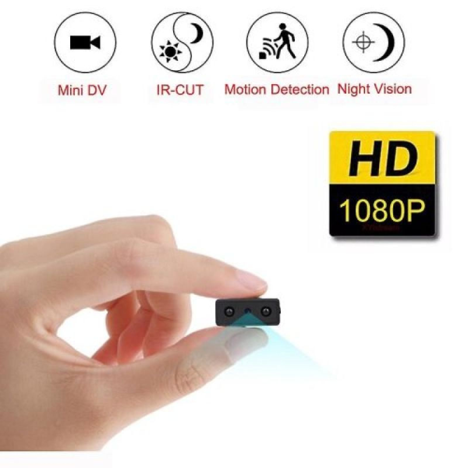 Ein Finger hält eine winzige schwarze Kamera. Symbole zeigen Mini DV, IR-CUT, Bewegungserkennung, Nachtsicht.