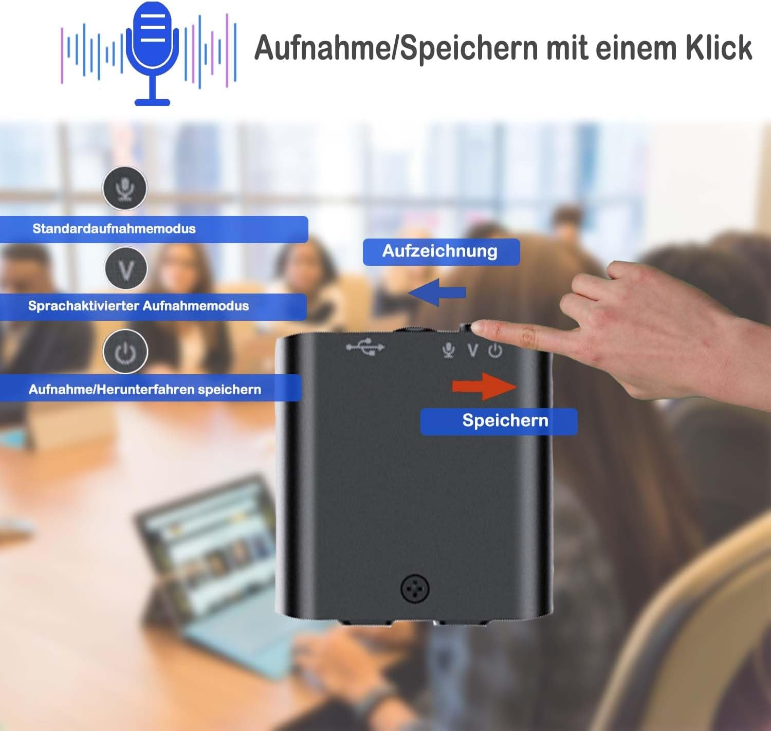 Ein Finger drückt auf die Speichern-Taste eines schwarzen Aufnahmegeräts.