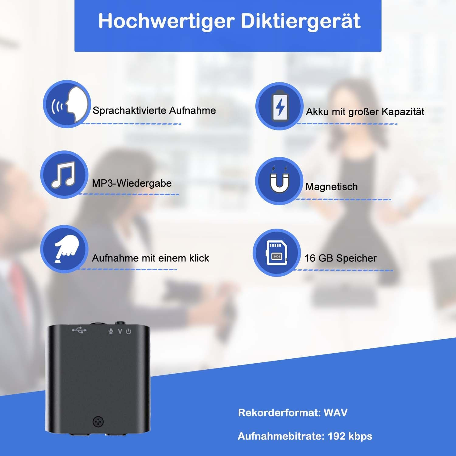Hochwertiges Diktiergerät mit Sprachaktivierung, MP3, Magnetfunktion, 16GB.