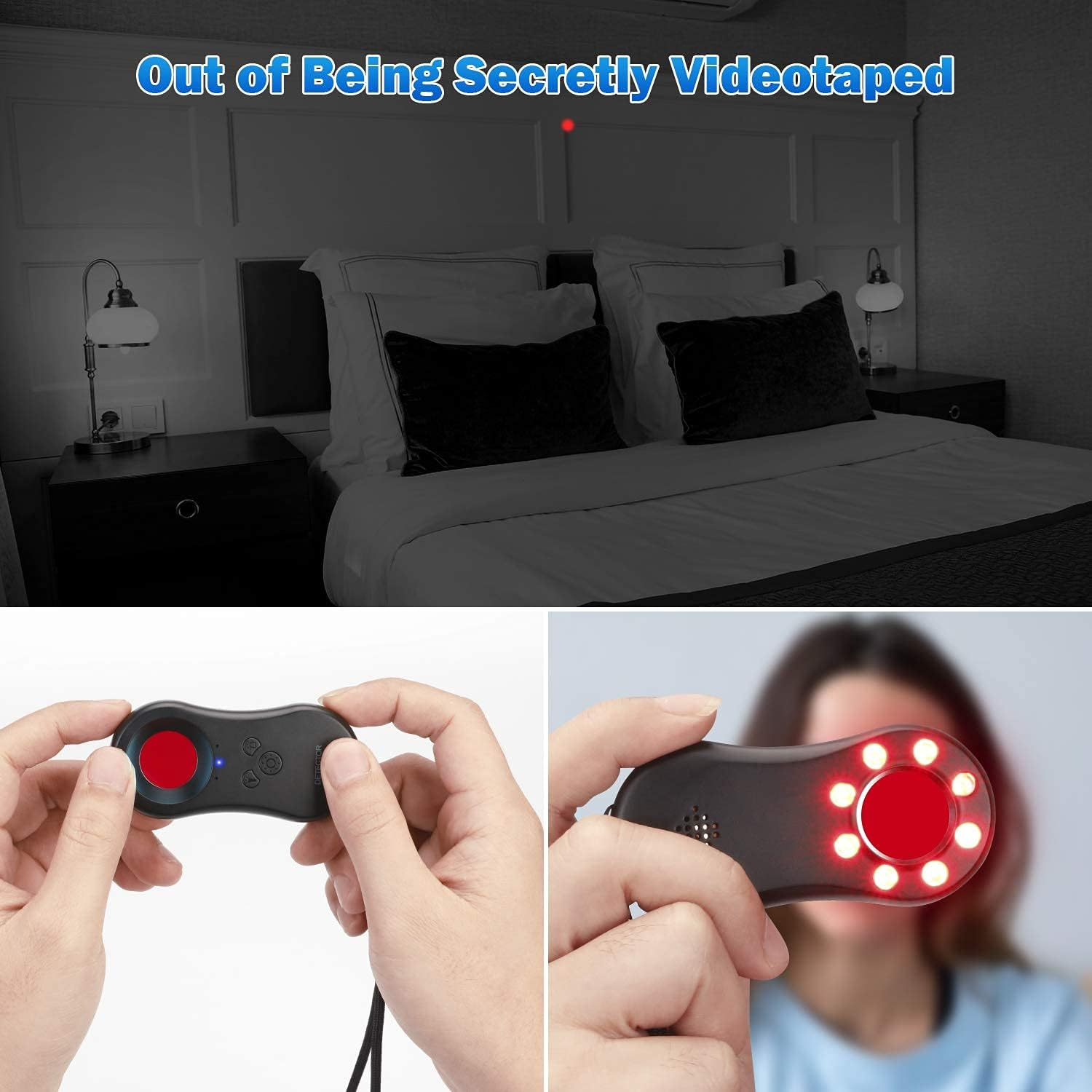 Ein Melder mit roten Lichtern in einer Hand, im Hintergrund ein Bett und ein Lampenlicht.