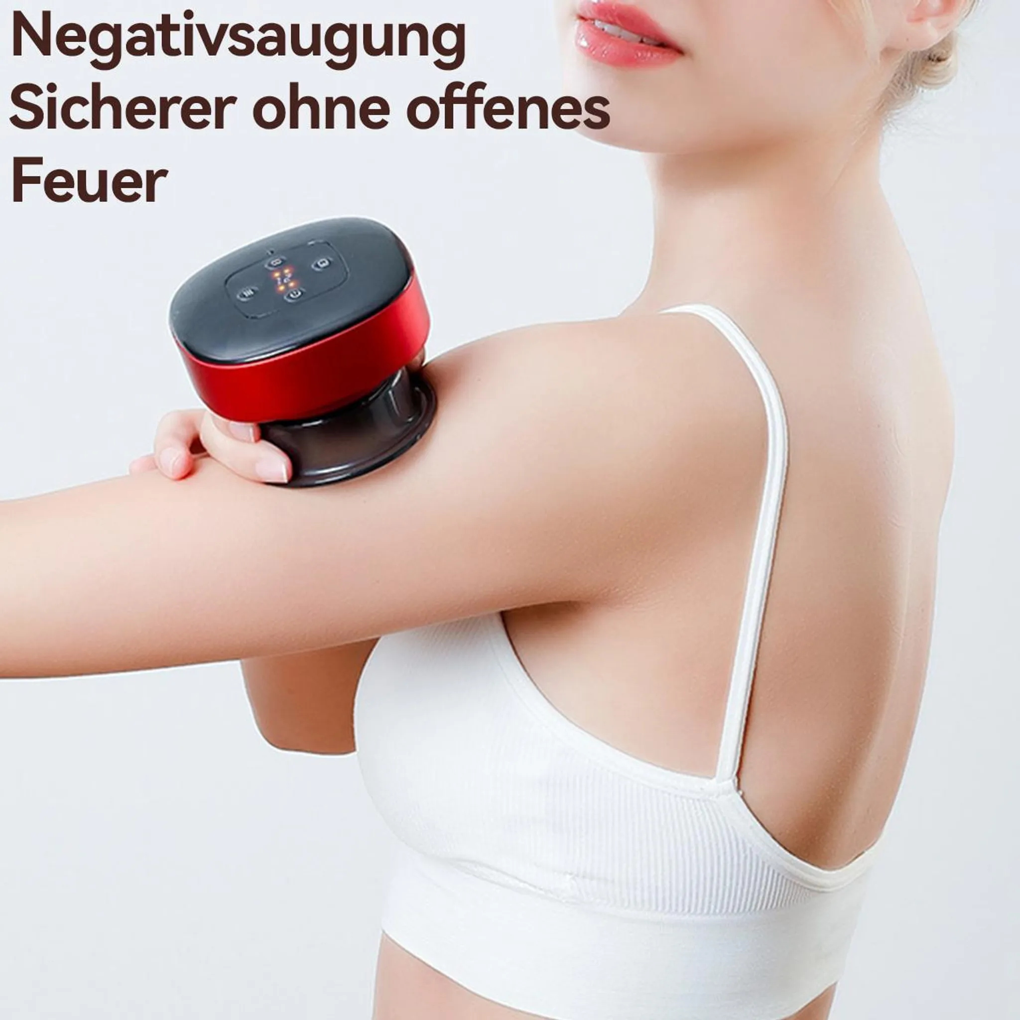 Frau mit Gerät am Arm, negativer Sog, sicher ohne offenes Feuer.