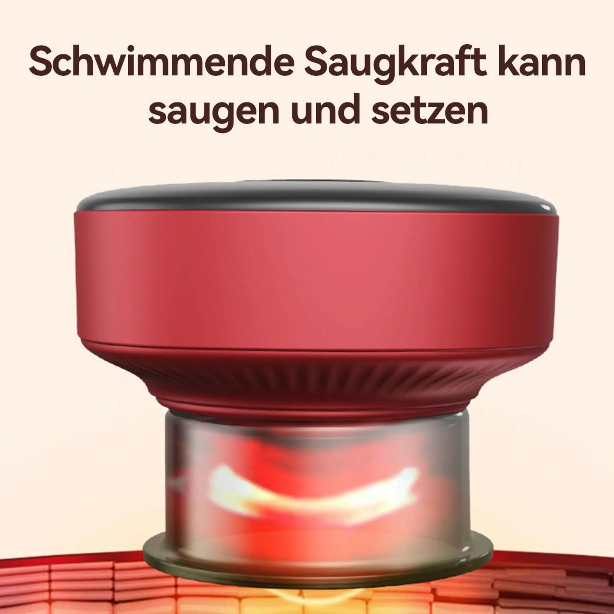 Roter Staubsauger-Aufsatz mit transparentem Behälter und Glüheffekt.