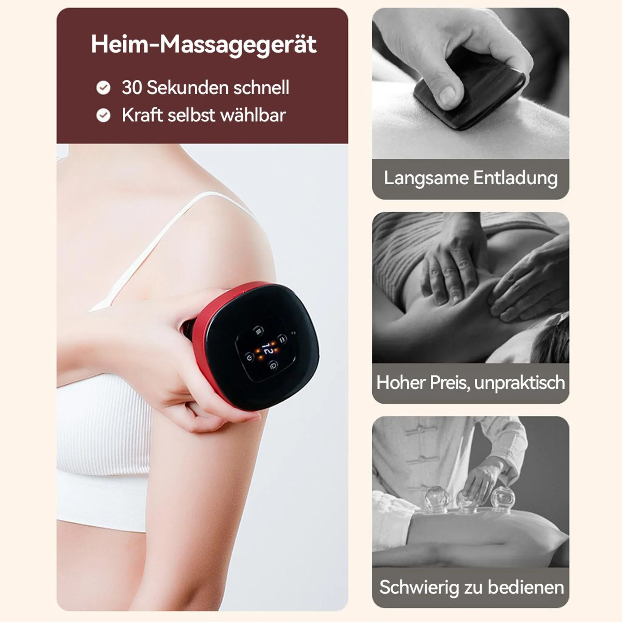 Frau hält ein rotes Massagegerät mit Display. Collage zeigt Massagen.