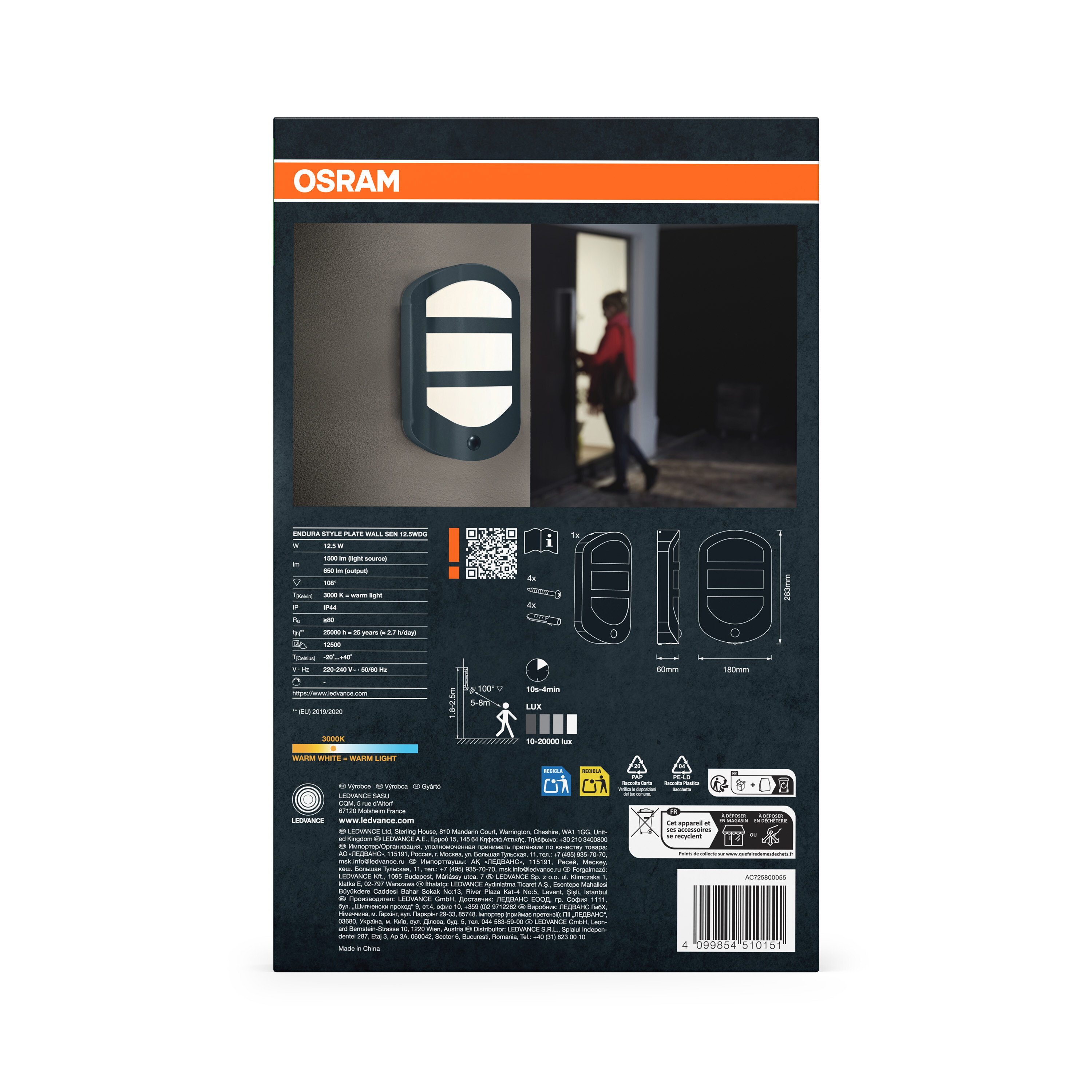 Osram Wandleuchte mit Bewegungsmelder und technischen Daten.
